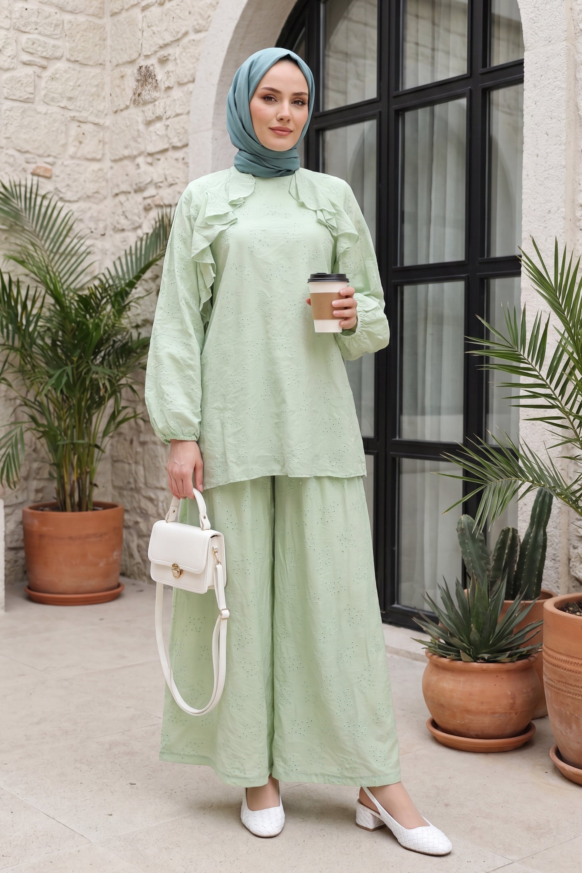 Crew Neck Voile Set with Ruffled Front, Lined, and Elasticated Sleeves - Mint Green - Podyumplus - by Peralane - photo 5