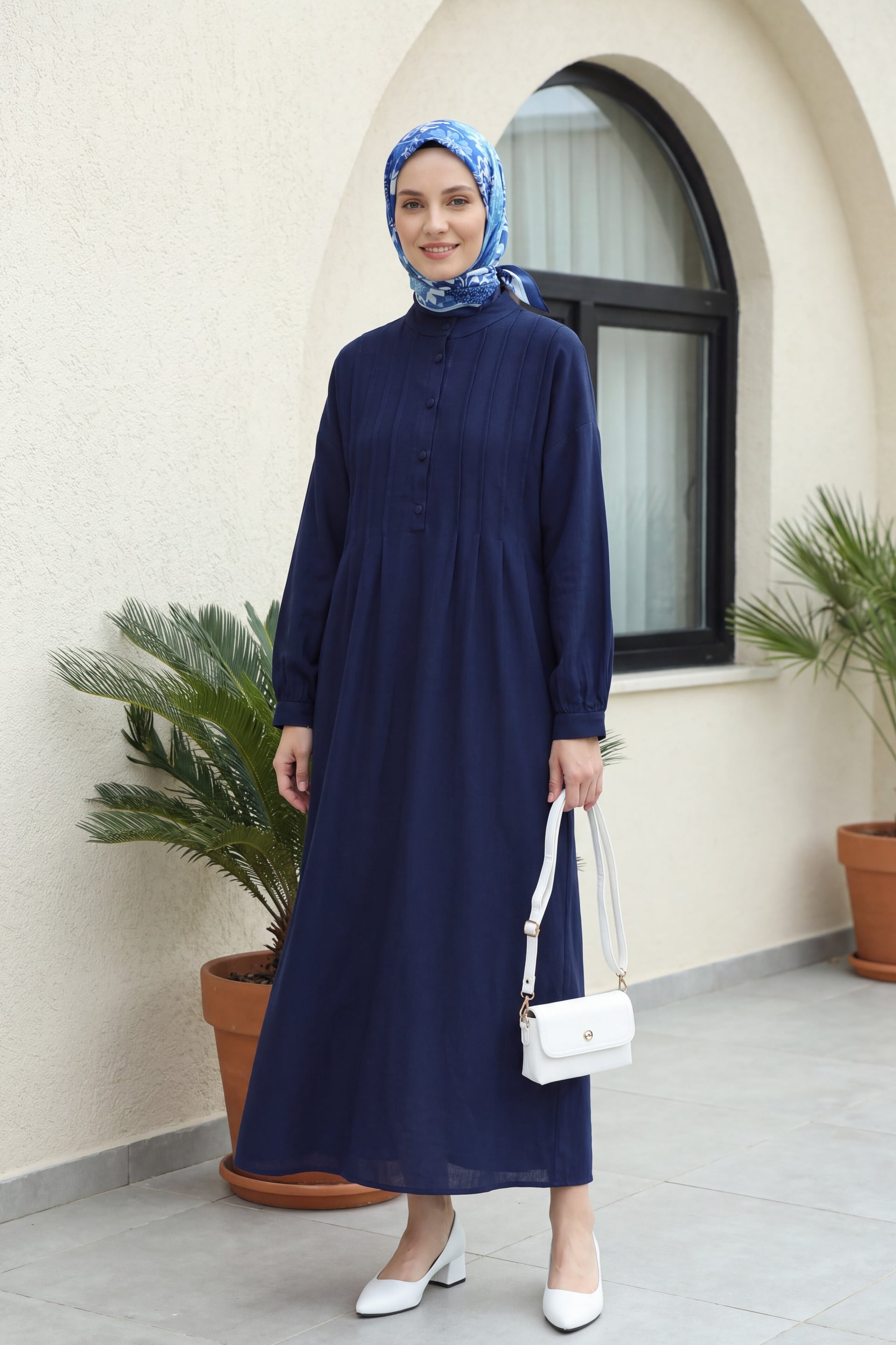 Navy Blue Half Button Muslin Dress with Ribbed Front - Podyumplus - by Peralane - photo 2
