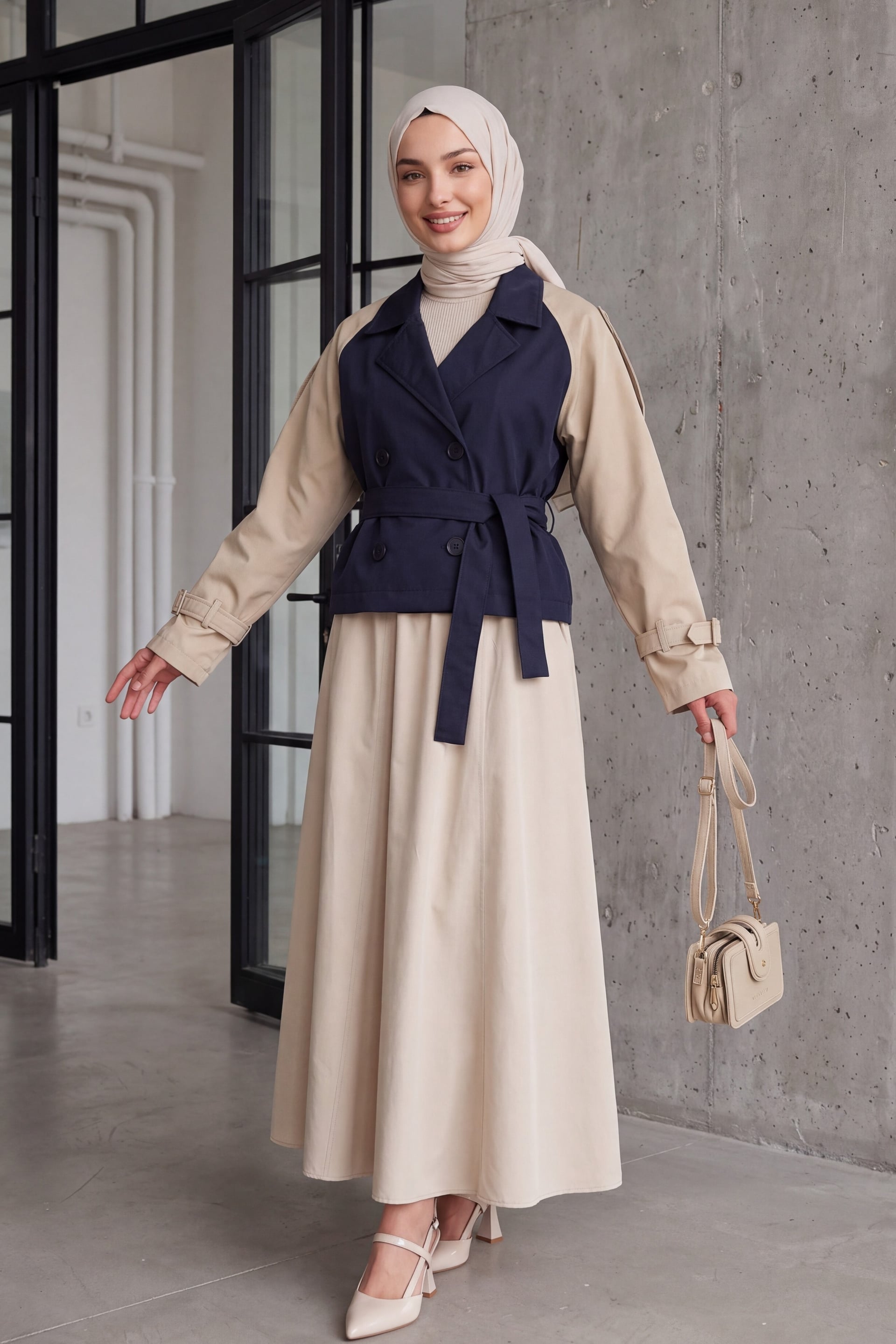 Women's Belted Short Trench Coat Navy/Beige Colorblock - Bigdart - by Peralane - photo 4