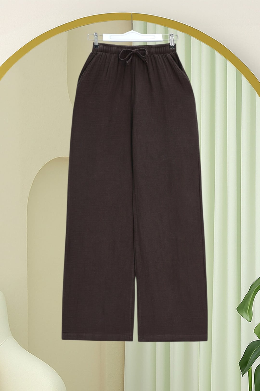 Drawstring Wide Leg Muslin Trousers - Brown - Podyumplus - by Peralane - photo 4