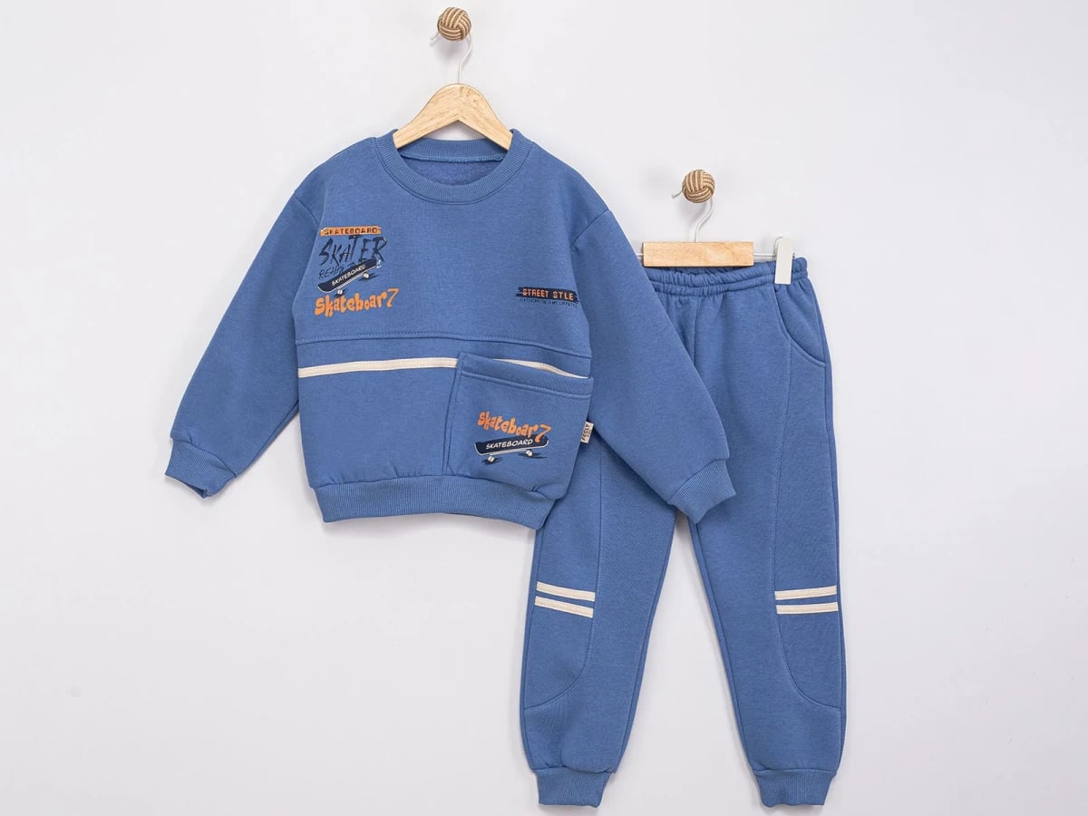 Blue Skateboard Print Hooded Sweatshirt and Trousers Set for Boys - Feely Kids - by Peralane
