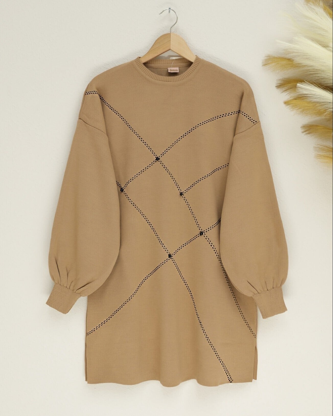 Balloon Sleeve Beaded Knit Tunic in Camel Brown - Podyumplus - by Peralane