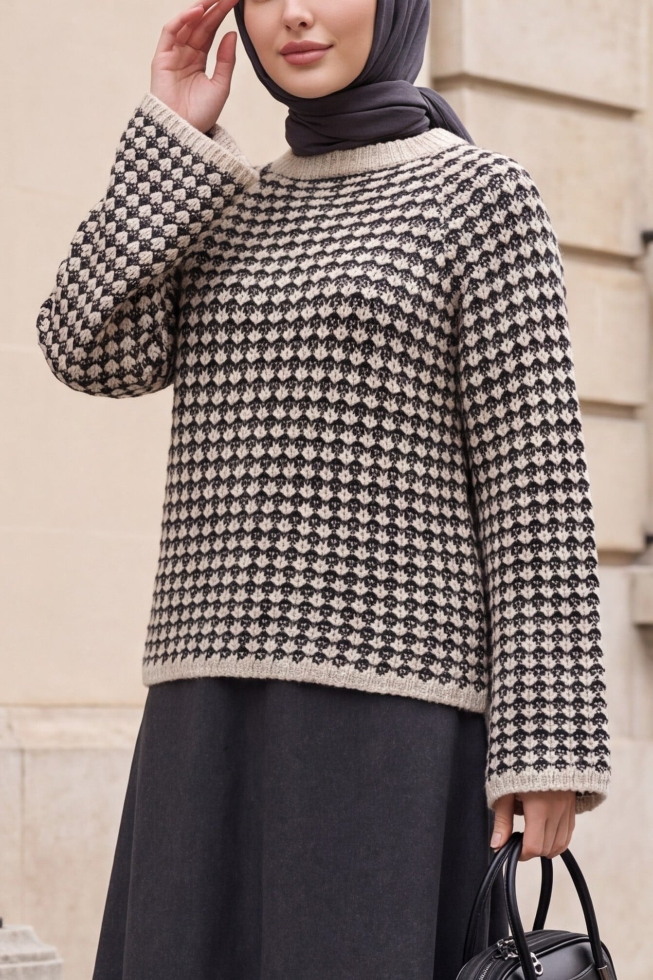 Herringbone Knit Spanish Sleeve Sweater - Beige - Podyumplus - by Peralane