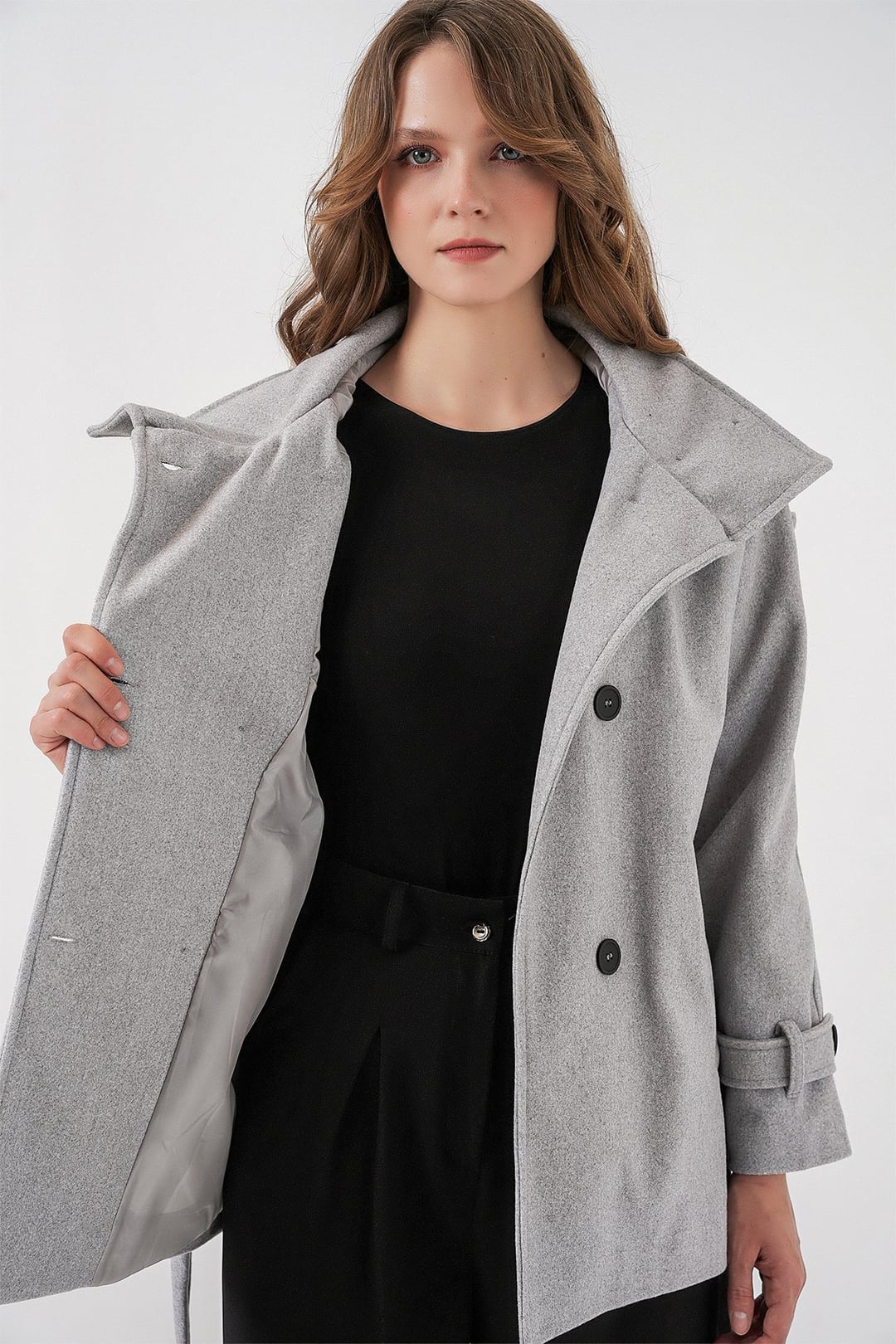 Women's Belted Double-Breasted Wool-Blend Coat - Light Grey - Bigdart - by Peralane - photo 4