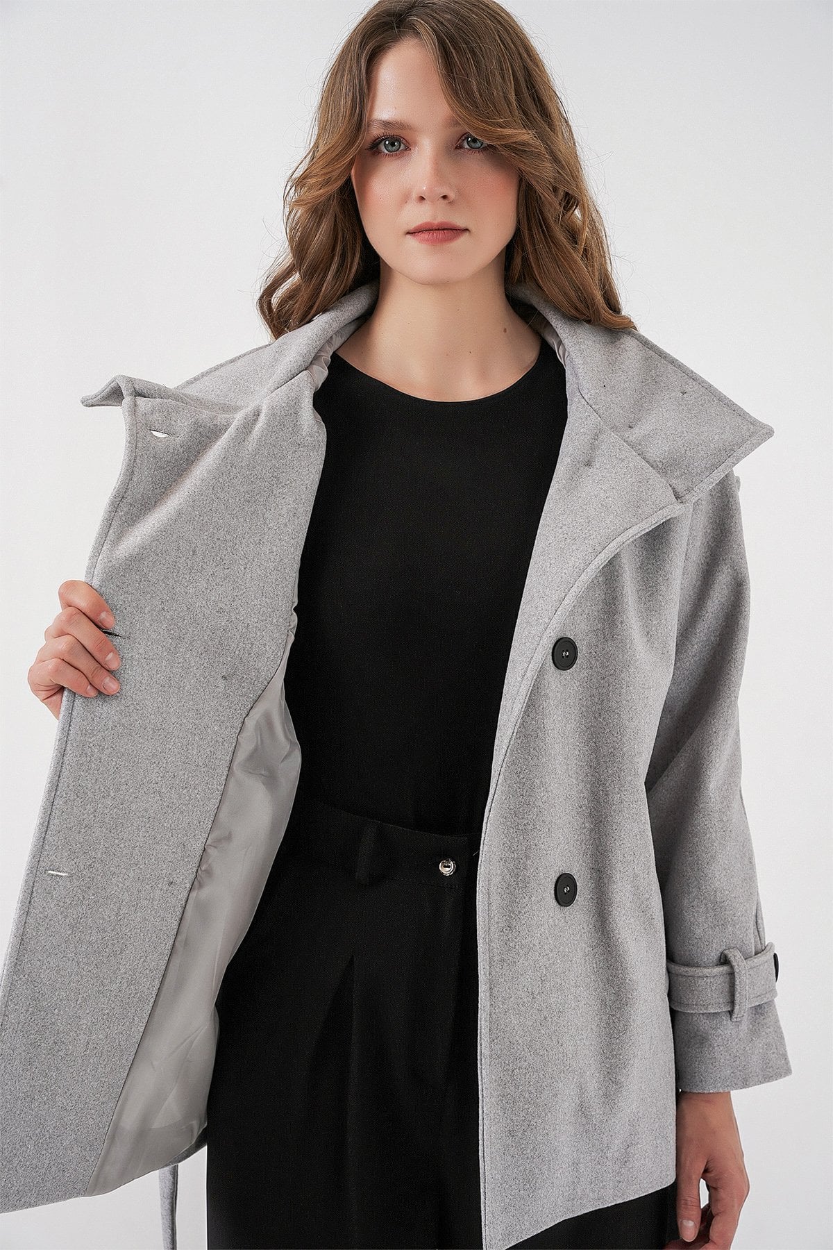 Women's Belted Double-Breasted Wool-Blend Coat - Light Grey - Bigdart - by Peralane - photo 4