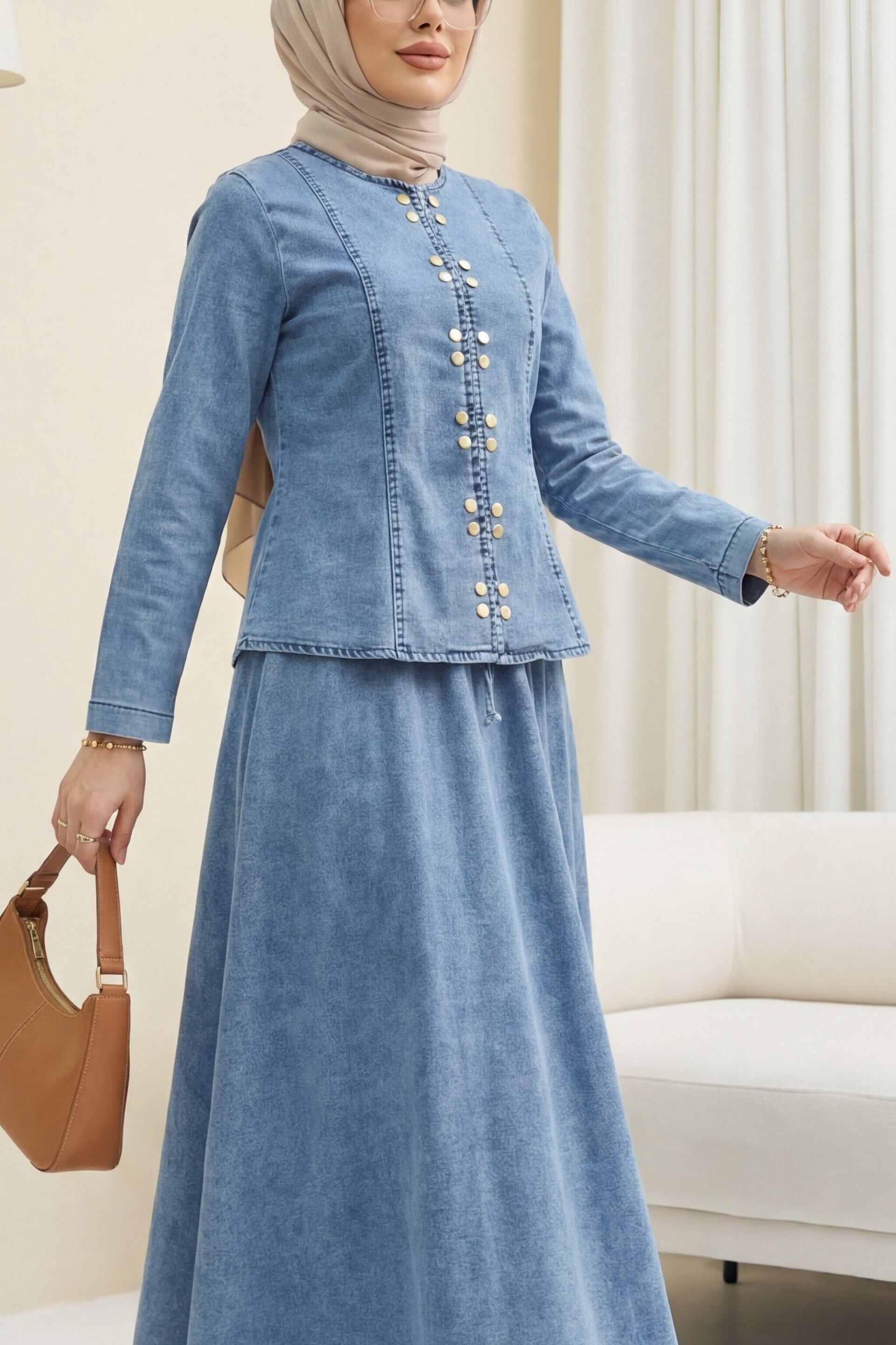 Snap-Front Denim Co-ord Set with Lace-Up Skirt - Ice Blue - Podyumplus - by Peralane - photo 2