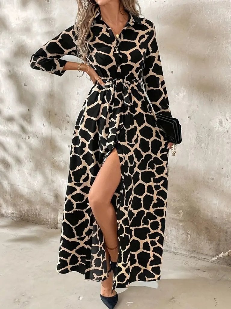 Women's Long Sleeve Collared Button-Front Tie-Waist Giraffe Print Maxi Dress - Janes - by Peralane - photo 3
