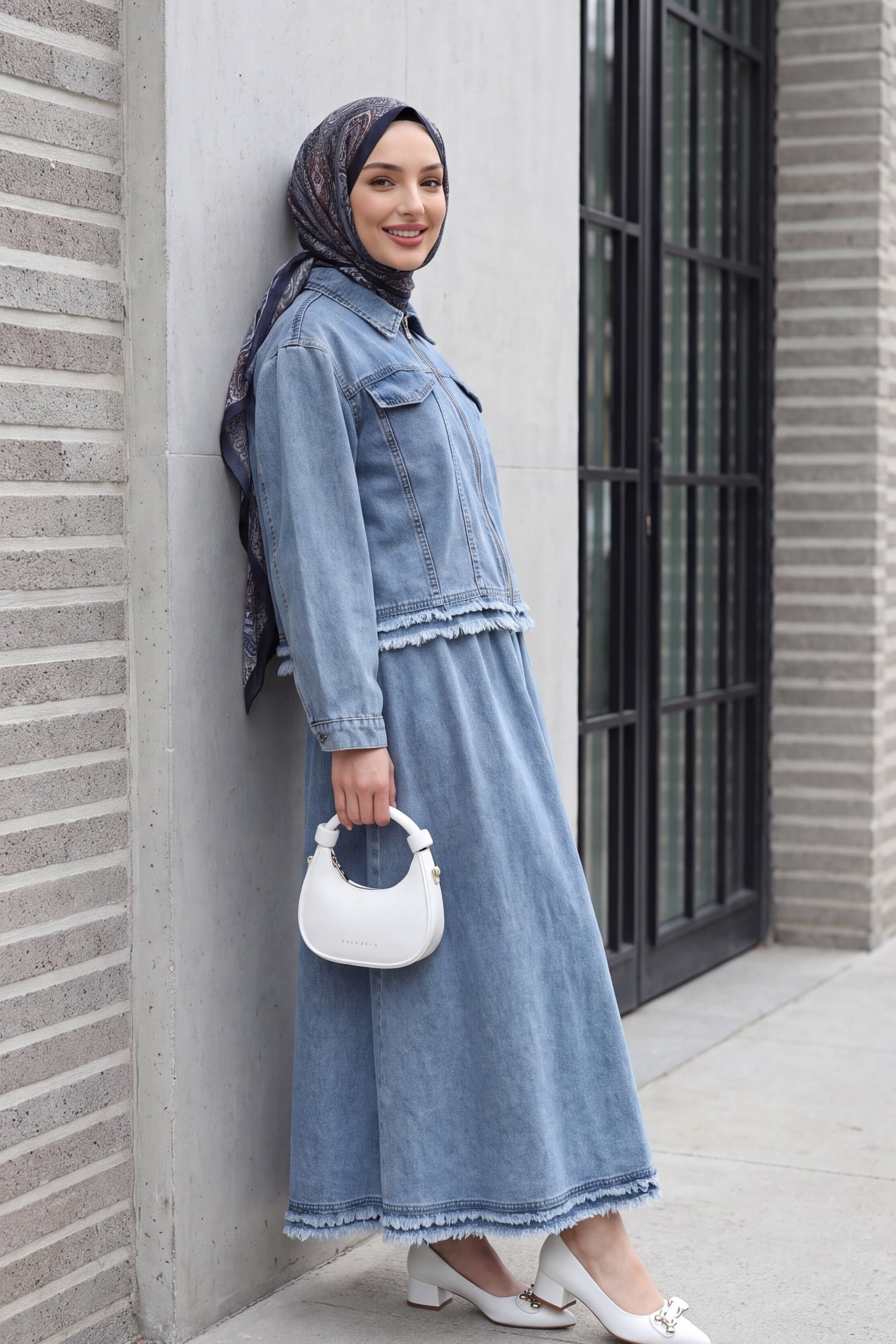 Fringe Zip Front Pocket Detail Denim Jacket and Skirt Co-ord Set - Ice Blue - Podyumplus - by Peralane - photo 5