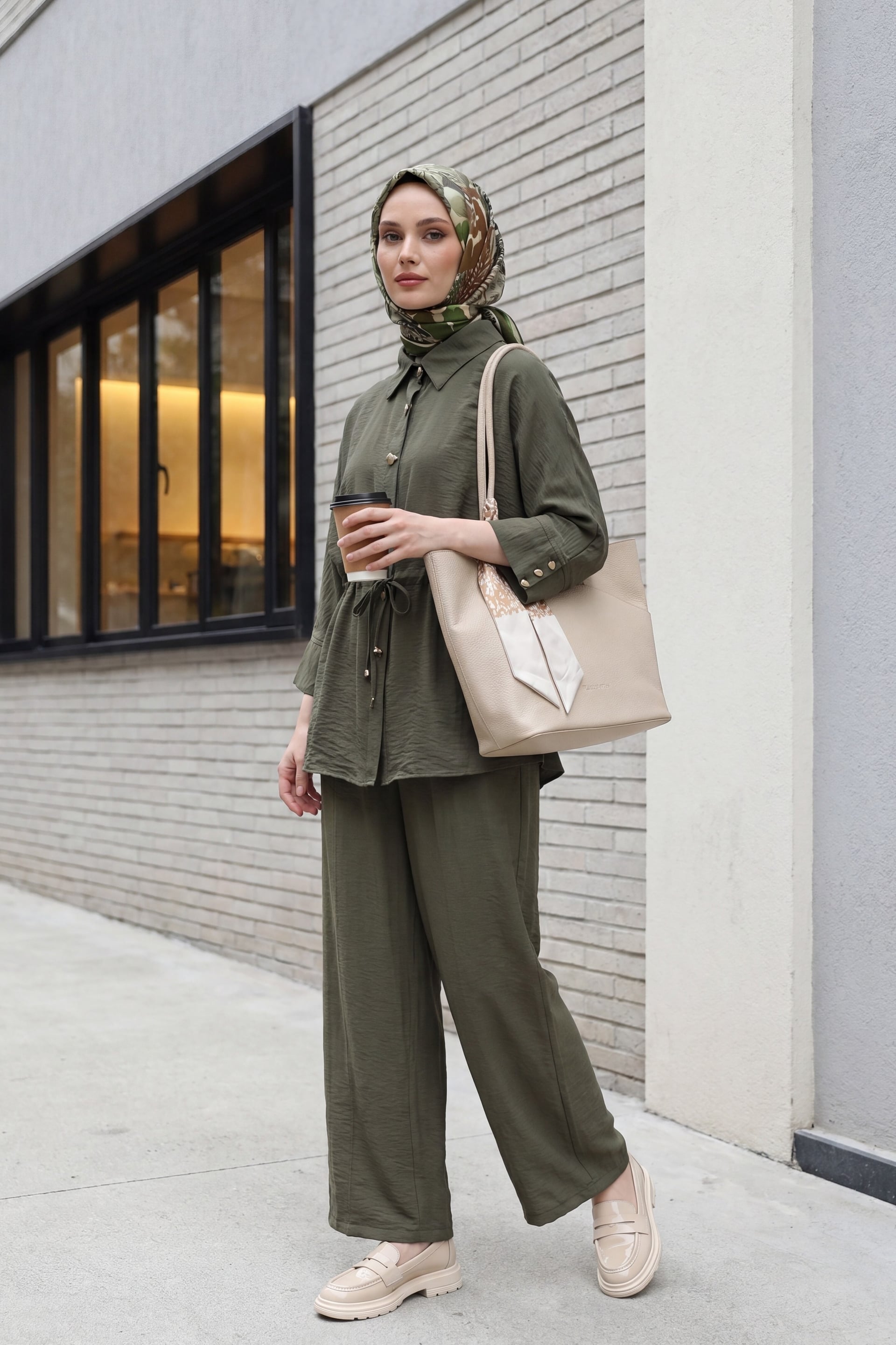 Tunnel Drawstring Waistband Cotton Crinkle Tunic and Wide-Leg Trousers Set - Olive Green - Podyumplus - by Peralane - photo 3