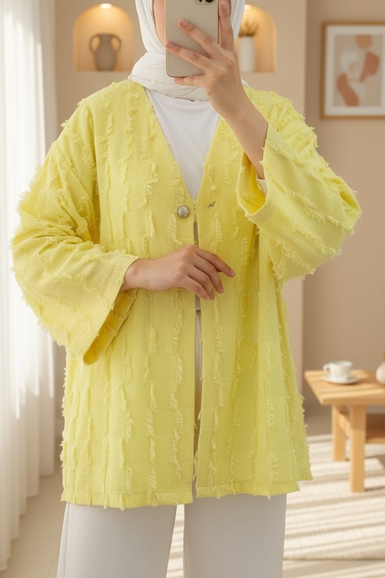 Fringed Square Pattern Kimono Cardigan - Yellow - Podyumplus - by Peralane