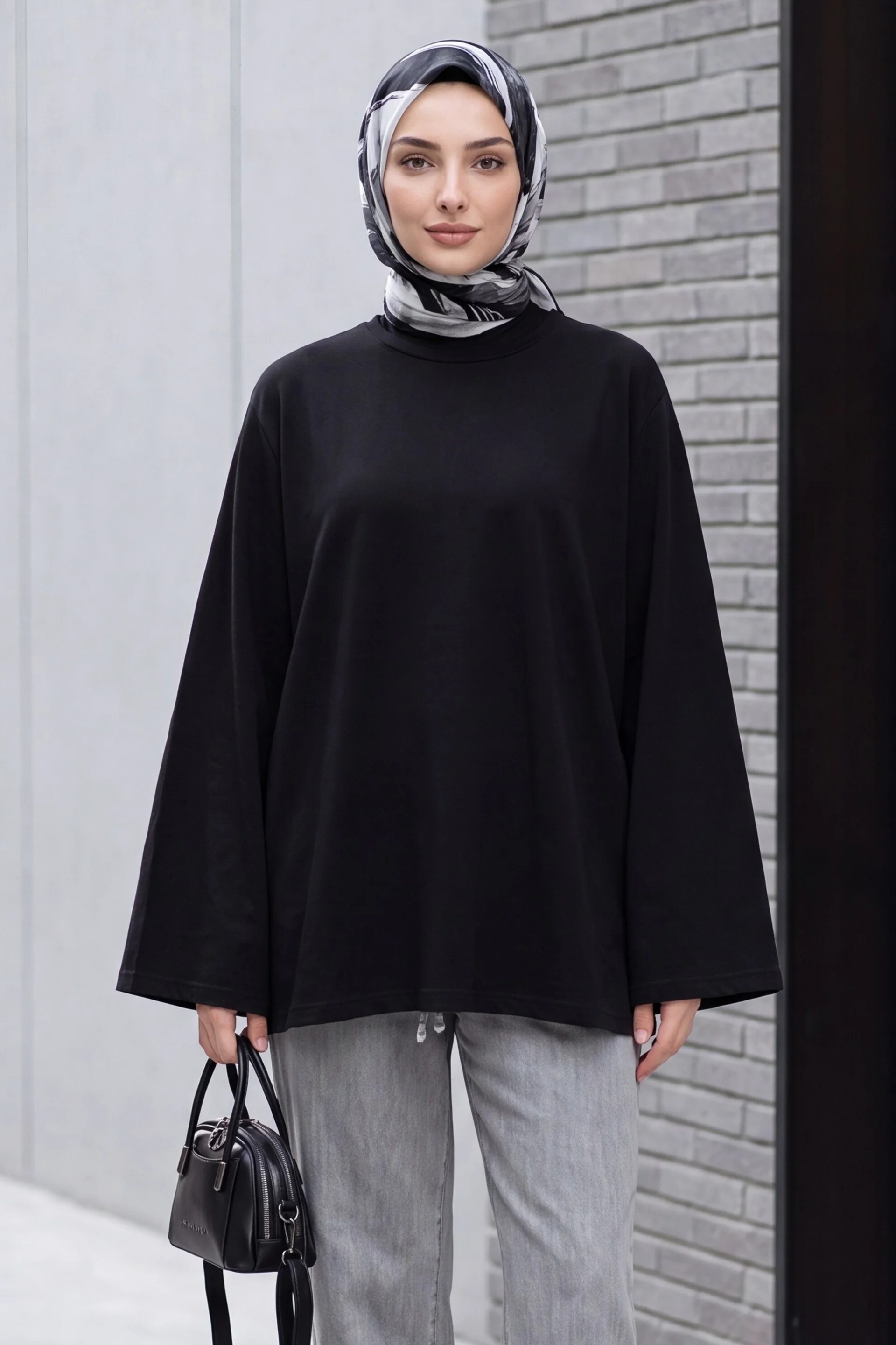 Black High-Neck Long-Sleeve Padded-Shoulder Blouse with Flared Sleeves - Podyumplus - by Peralane