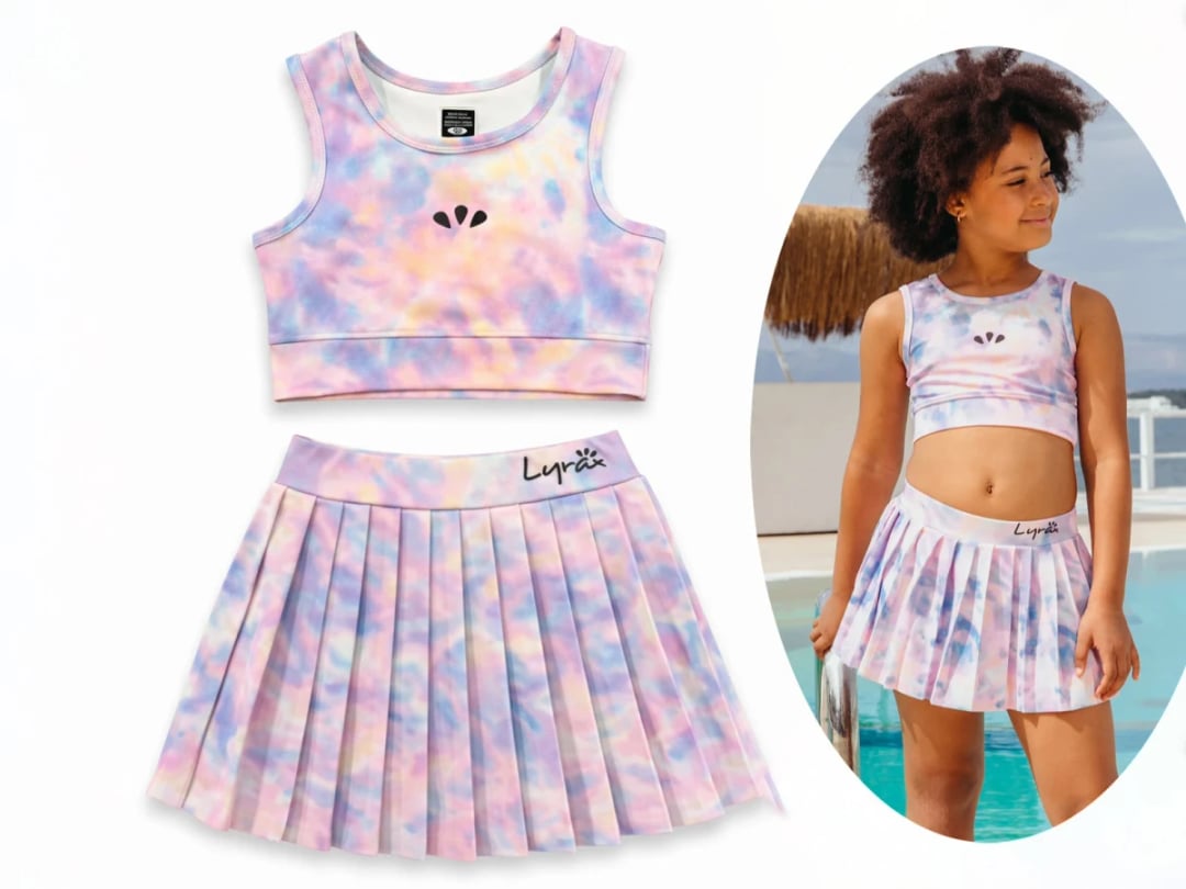 Girls' Pleated Skirt Tennis Sports Swim Set with Tie-Dye Print - Lyrax Kids - by Peralane