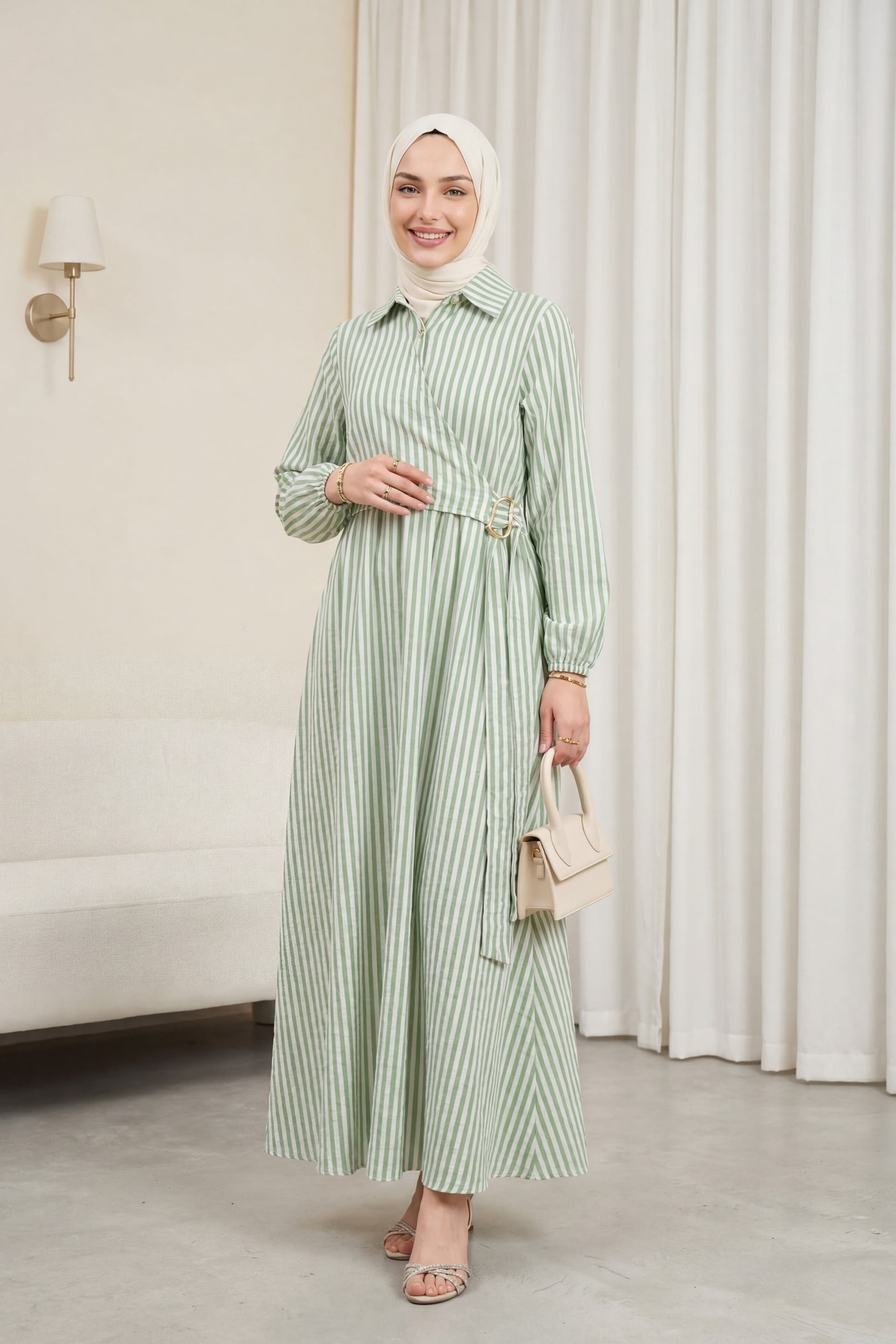Striped Linen Wrap Dress with Belt - Green - Podyumplus - by Peralane