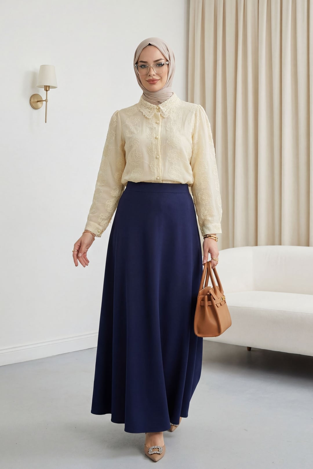 Lace Collar Patterned Jacquard Blouse - Beige - Podyumplus - by Peralane - photo 2