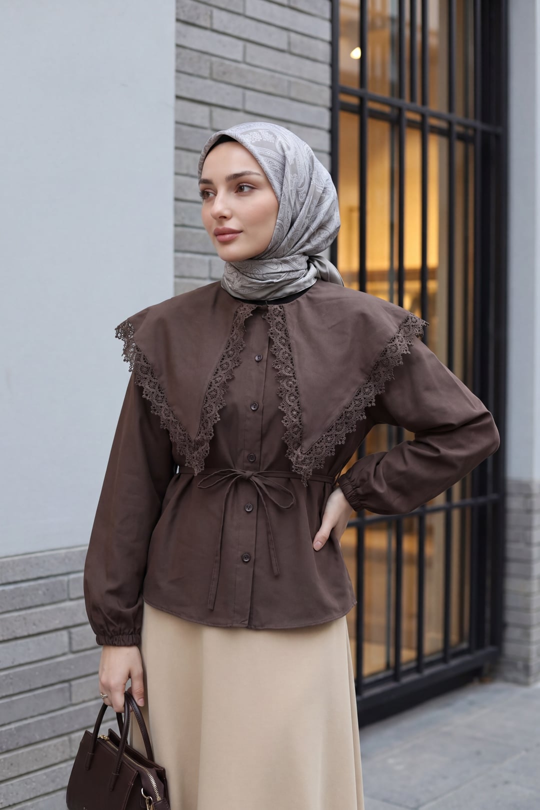 Lace Collar Tie Front Poplin Blouse - Dark Brown - Podyumplus - by Peralane