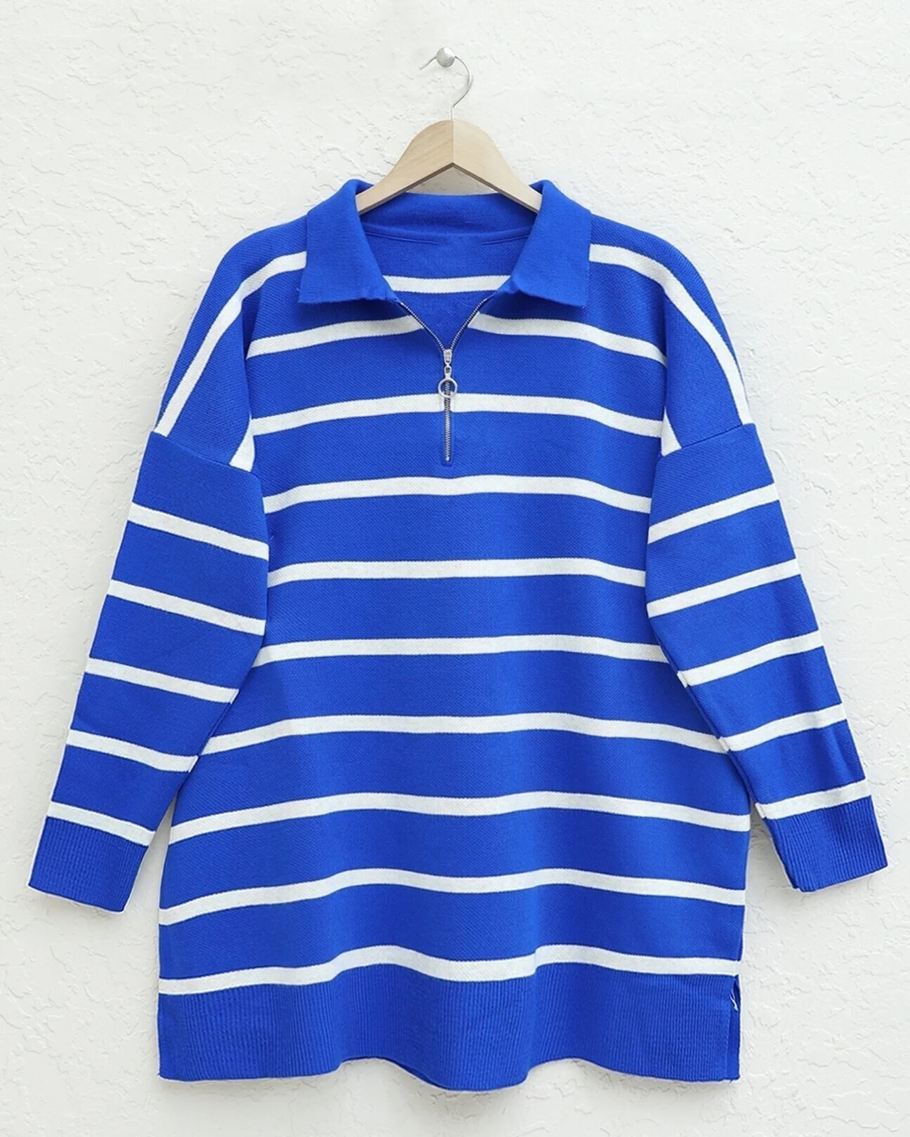 Polo Collar Zip Knit Tunic - Royal Blue with White Stripes - Podyumplus - by Peralane - photo 3