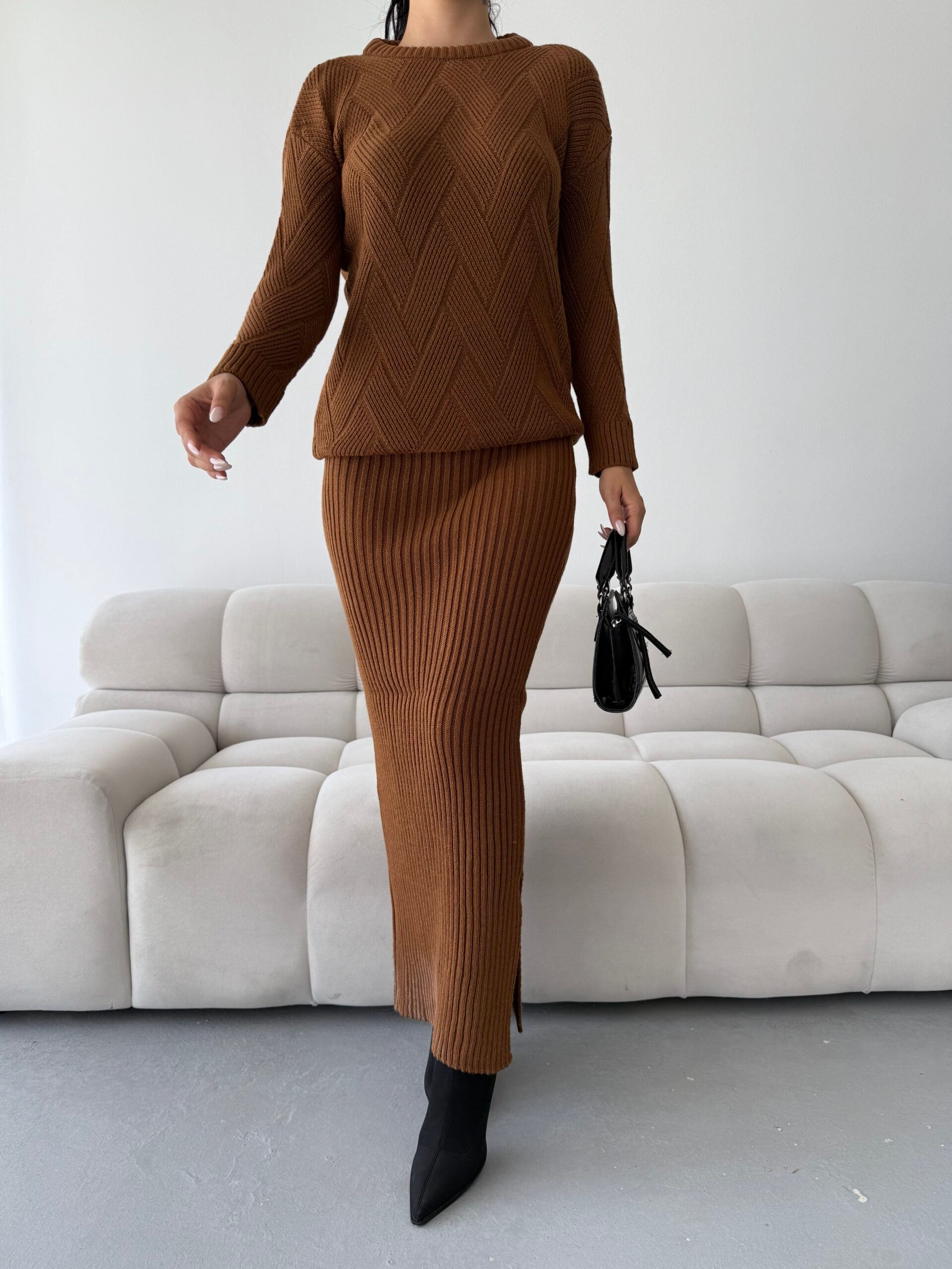 Women's Knit Set - Brown Sweater and Maxi Skirt - My Bee - by Peralane