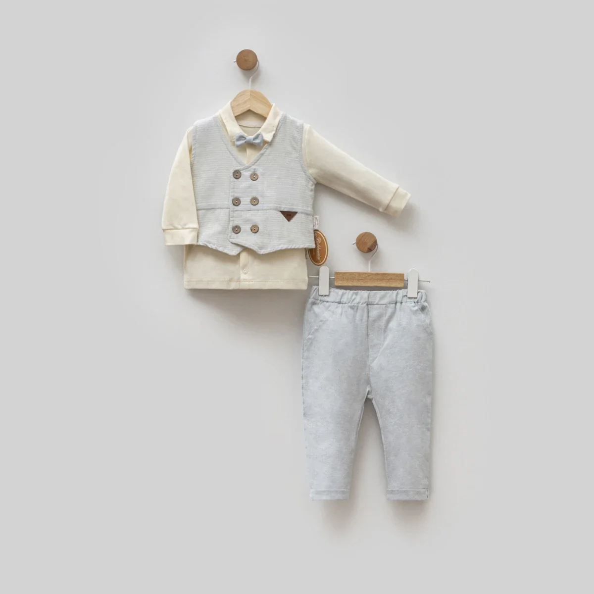 Baby Boys' 5-Piece Formal Suit Set with Shirt, Waistcoat, Bow Tie, and Trousers - Light Blue/ Light Grey - Bebbemini - by Peralane