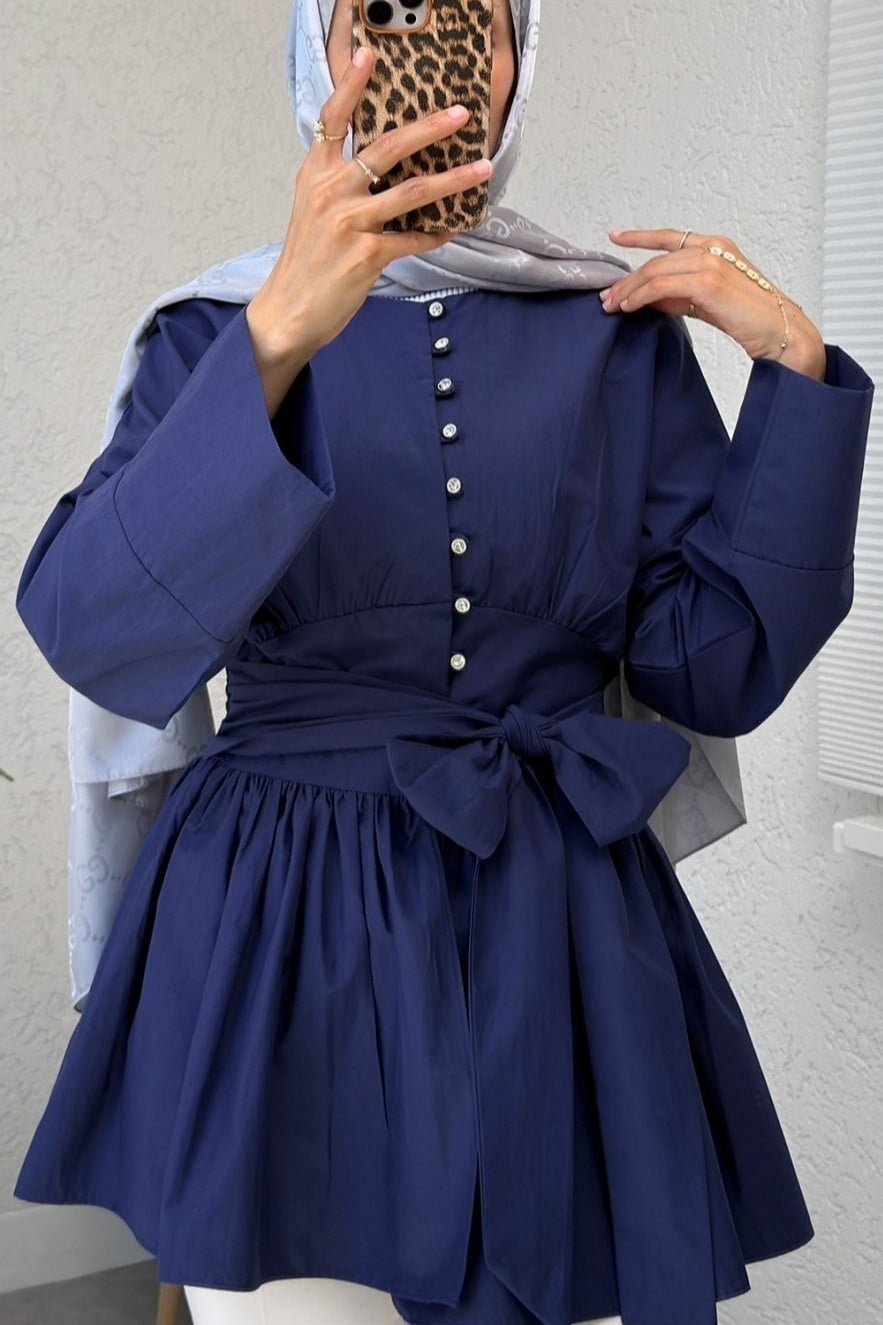Full-Length Stone Button Tunic with Tie Belt - Navy Blue - Podyumplus - by Peralane