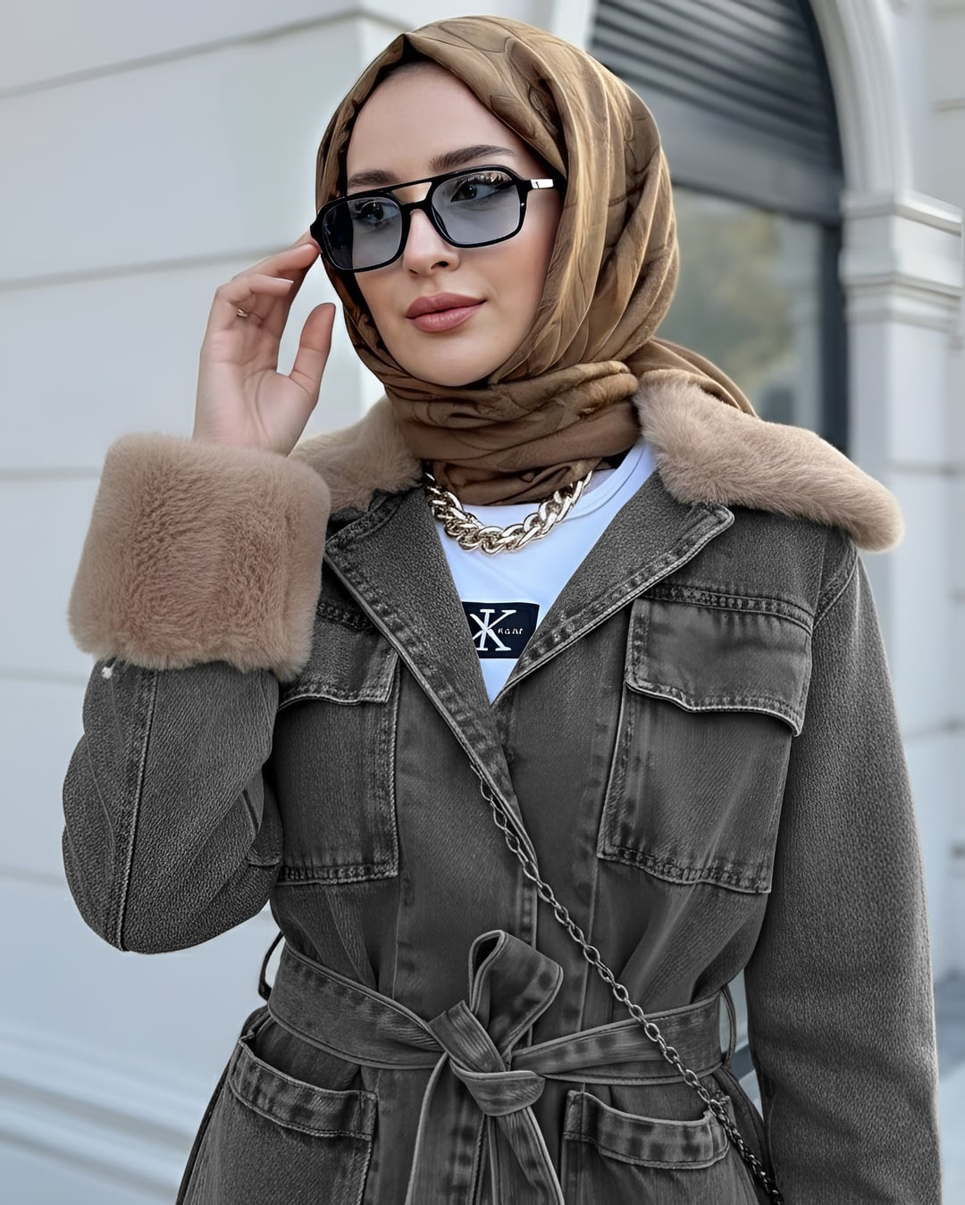 Fur-Trimmed Tie-Waist Denim Jacket with Pockets - Smoke - Podyumplus - by Peralane - photo 7