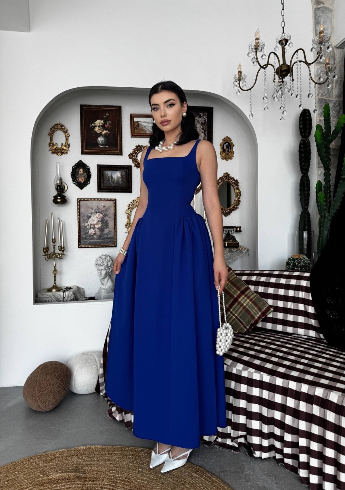 Sleeveless Royal Blue Satin Pleated Dress - Etika - by Peralane - photo 8