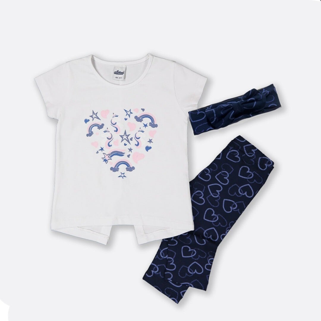 Girls' 3-Piece T-Shirt, Leggings and Headband Set with Heart Print - Navy Blue - Ages 3-6 - Elnino - by Peralane