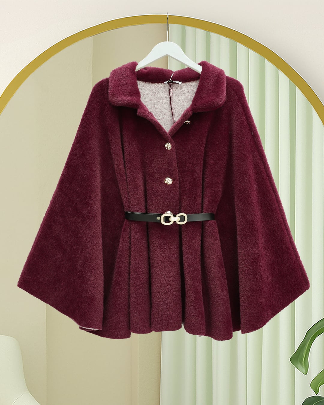 Gold Button Detail Belted Alcantara Poncho - Burgundy - Podyumplus - by Peralane - photo 2