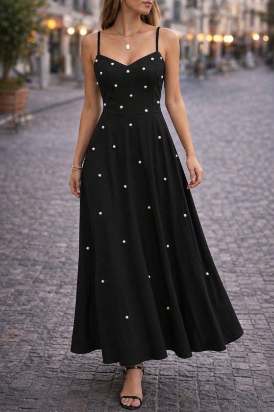 Women's Black Sleeveless V-Neck Maxi Dress with Pearl Details - Janes - by Peralane