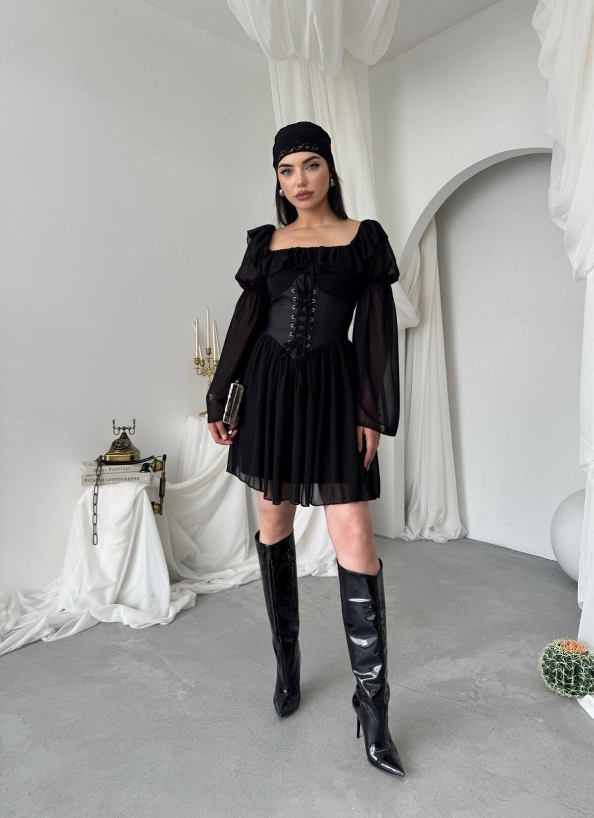 Black Chiffon Dress with Leather Corset Detail and Ruffled Square Neckline - Etika - by Peralane - photo 6