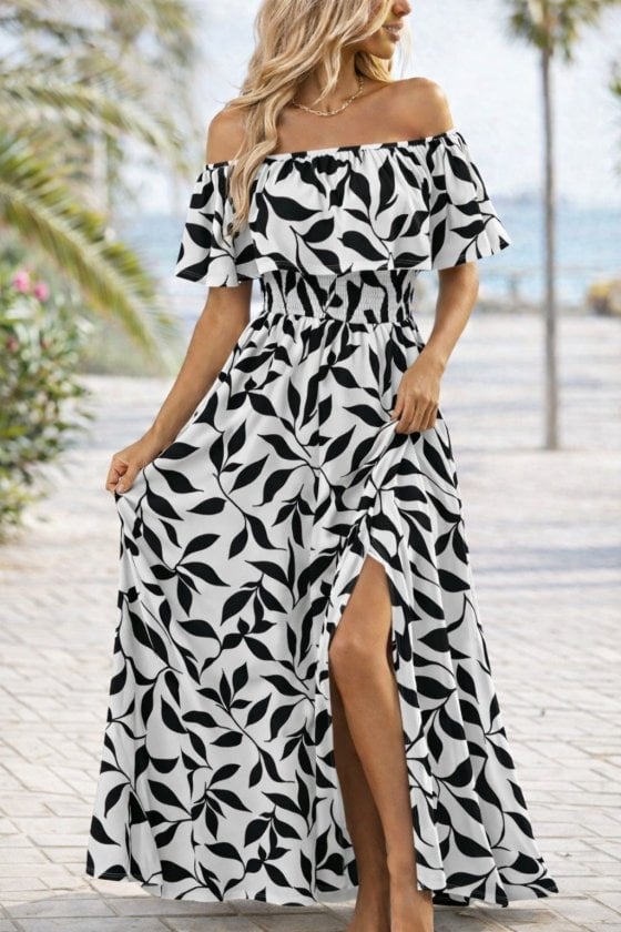 Women's Off-Shoulder Long Leaf Print Maxi Dress with Smocked Waist - Janes - by Peralane - photo 3