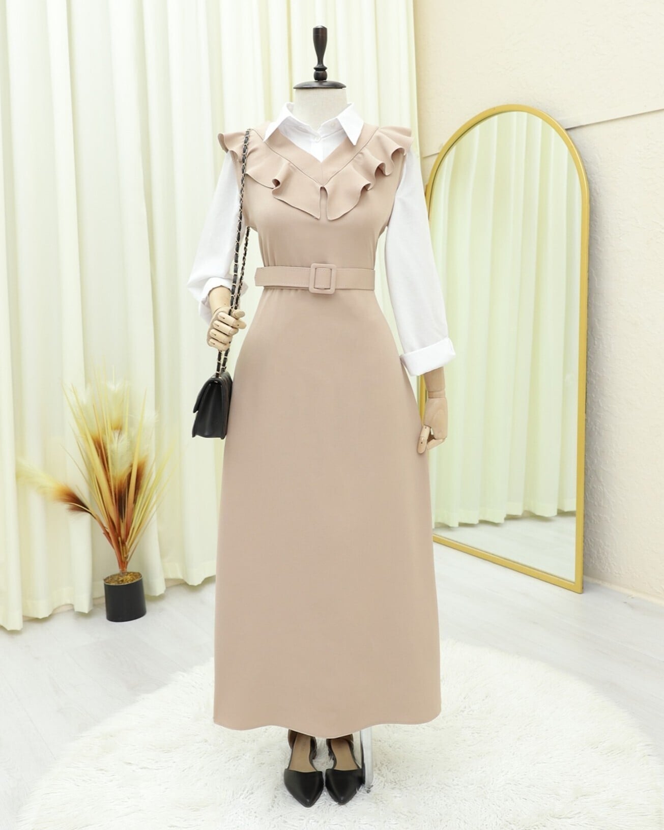 Beige V-Neck Frill Ruffle Belted Midi Jile Dress for Women - Podyumplus - by Peralane - photo 6