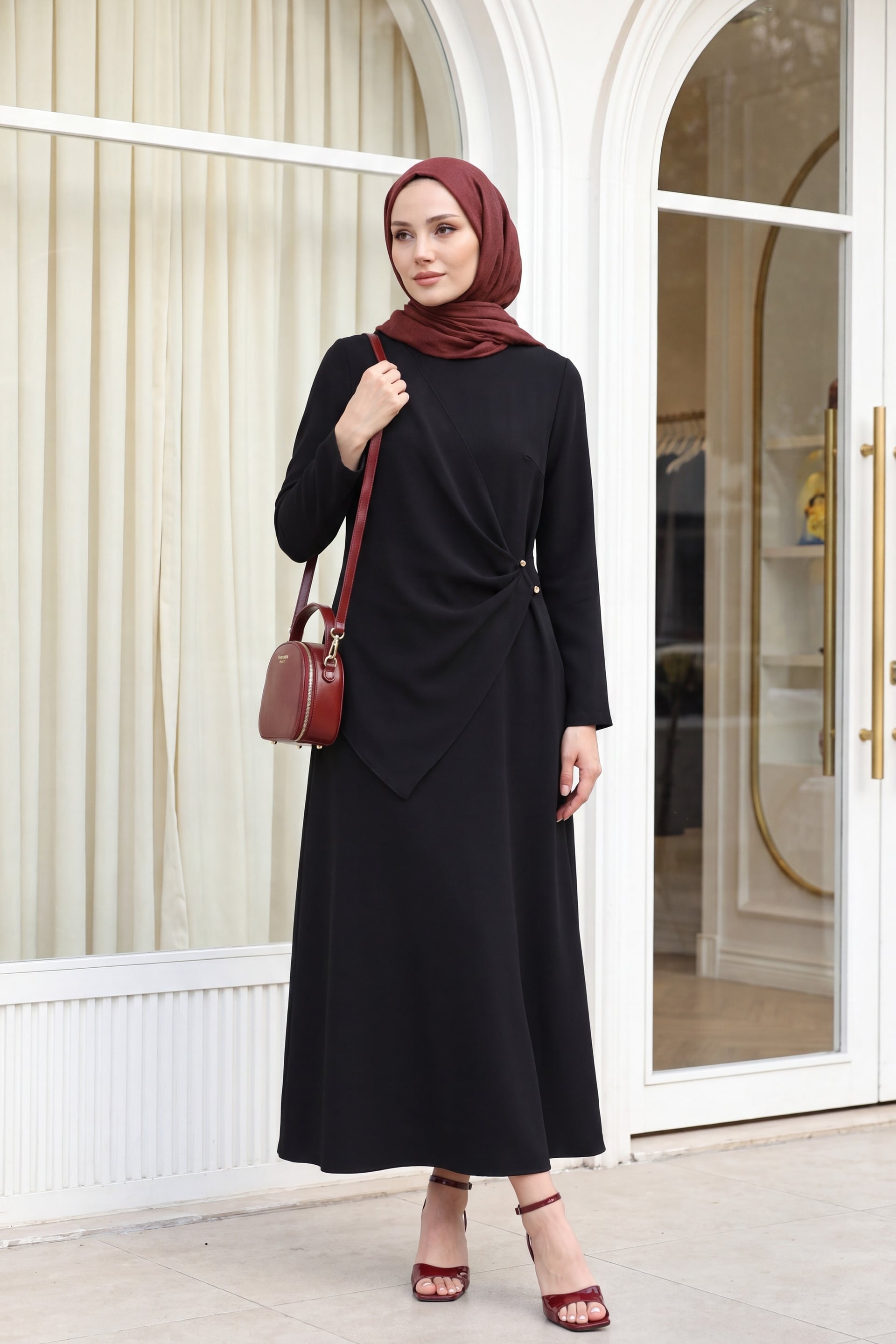 Black Round Neck Cross-Draped Buckle Imported Crepe Dress - Podyumplus - by Peralane - photo 2