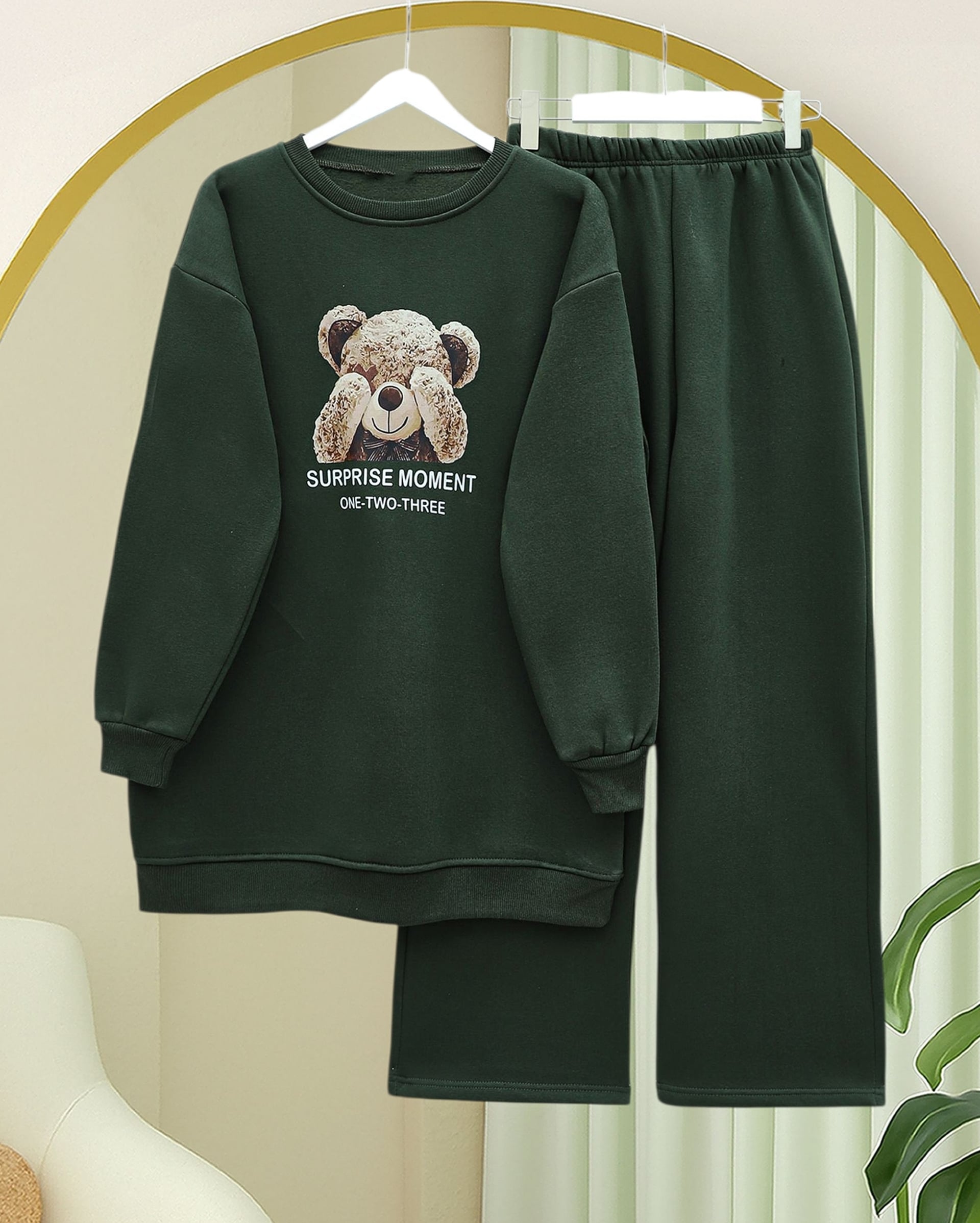 Teddy Bear Print Brushed 3-Thread Sweatshirt and Trousers Set - Khaki - Podyumplus - by Peralane - photo 3