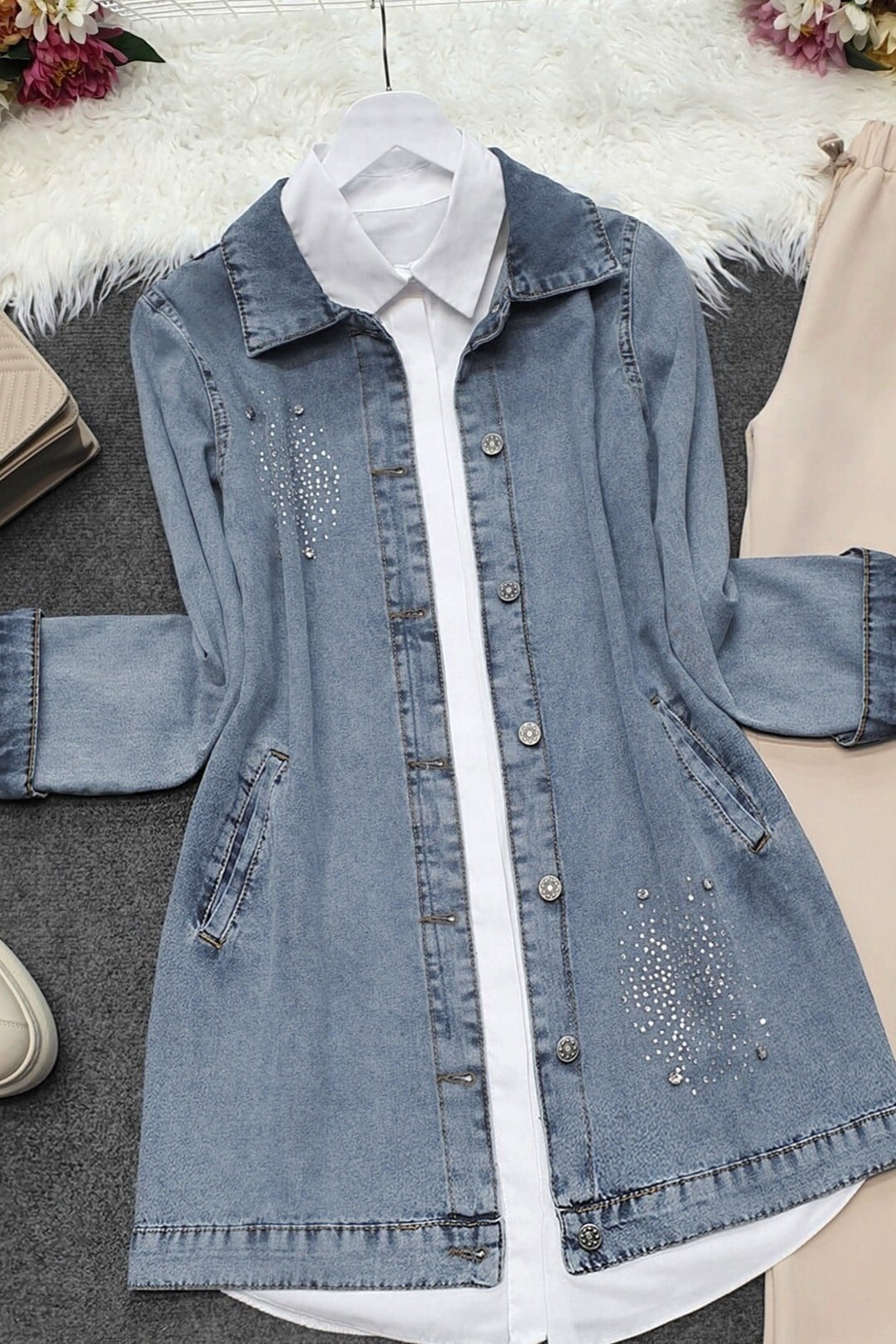 Stone Detail Double Pocket Denim Jacket - Ice Blue - Podyumplus - by Peralane - photo 7