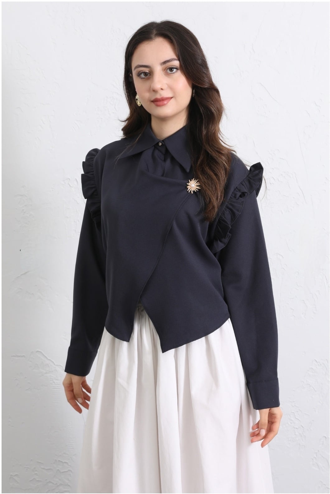 Navy Blue Ruffle Shoulder Wrap Blouse with Brooch Detail - Podyumplus - by Peralane - photo 7