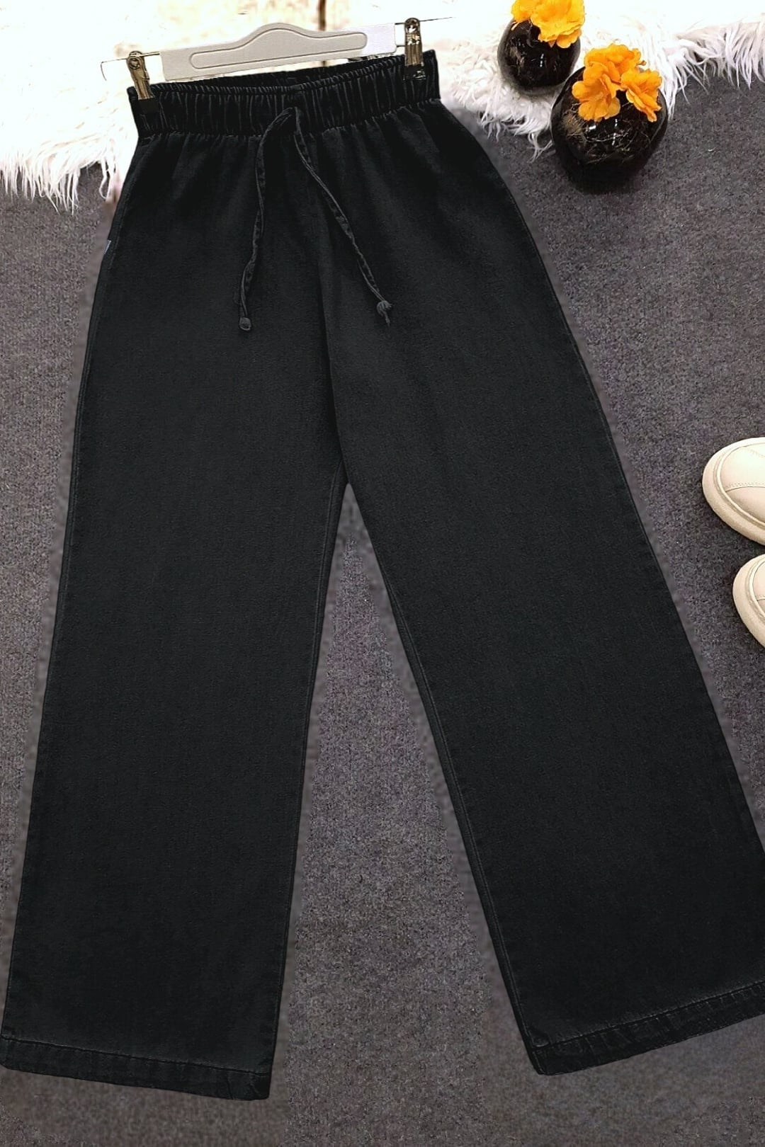 Wide Leg High Waist Drawstring Denim Trousers - Black - Podyumplus - by Peralane - photo 3