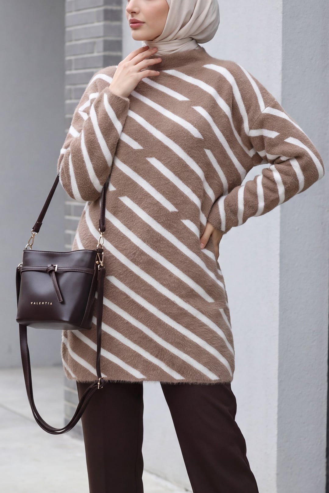 Half Mock Neck Side Stripe Fuzzy Knit Tunic - Earth - Podyumplus - by Peralane