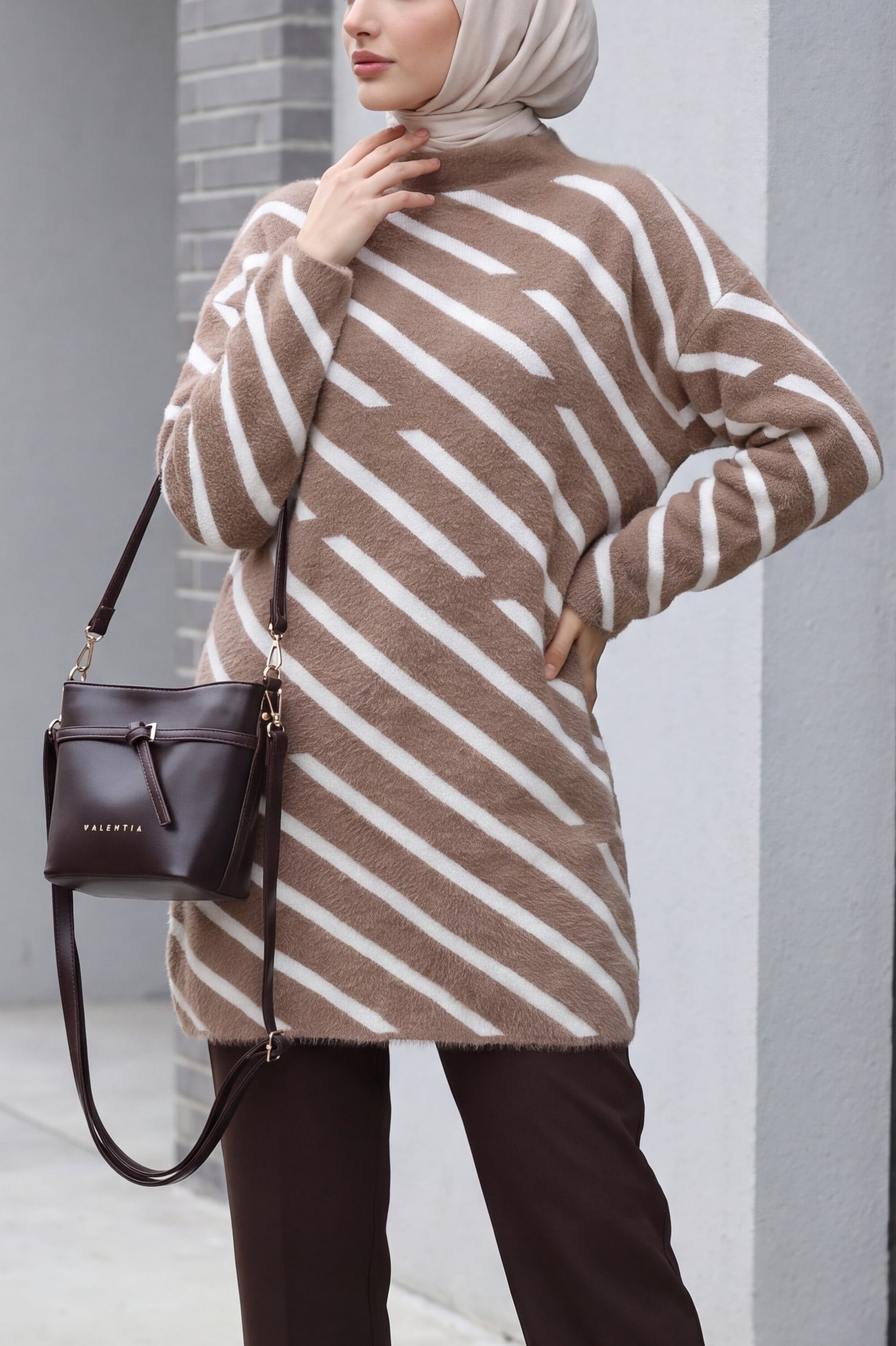 Half Mock Neck Side Stripe Fuzzy Knit Tunic - Earth - Podyumplus - by Peralane