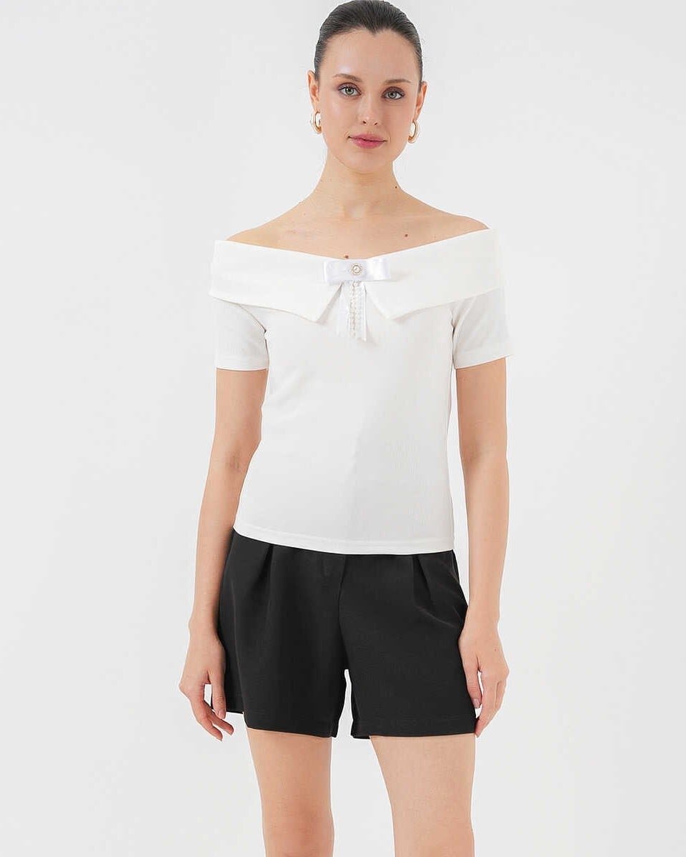 Ribbon Detail Knitted Blouse 949 - White - Bigdart - by Peralane - photo 2