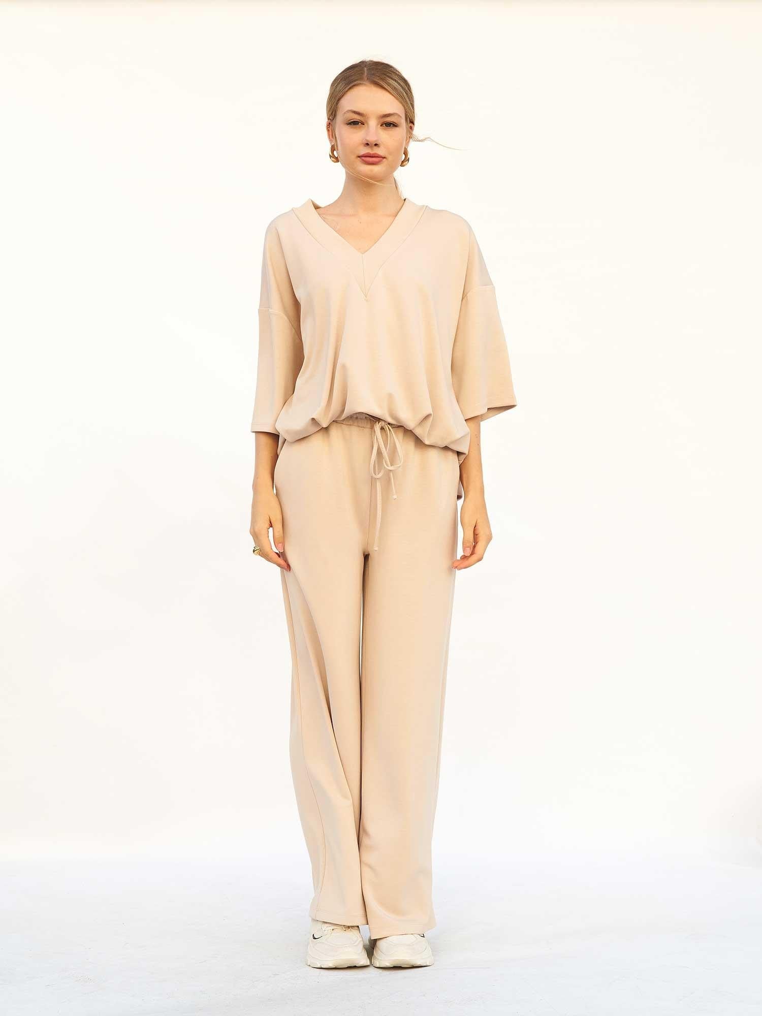 Women's Relaxed Fit Loungewear Set with Wide-Leg Trousers - Light Beige - Lefon - by Peralane