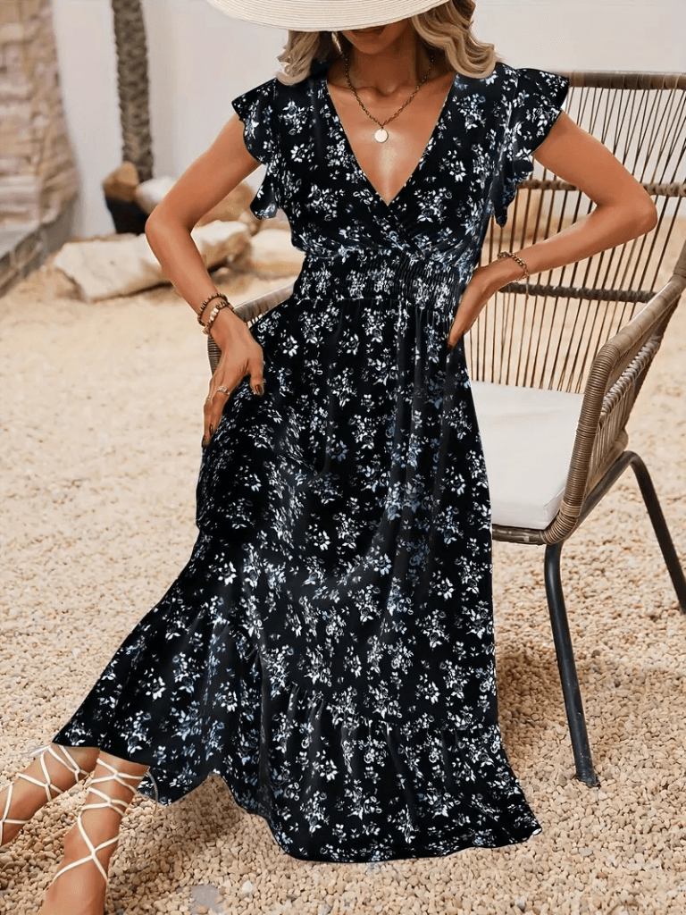 Women's Short-Sleeve V-Neck Floral Print Dress with Elastic Waist - Janes - by Peralane