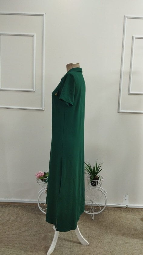Women's Short Sleeve Collared Zipper Long Viscose Two-Thread Dress in Dark Green - Janes - by Peralane - photo 5