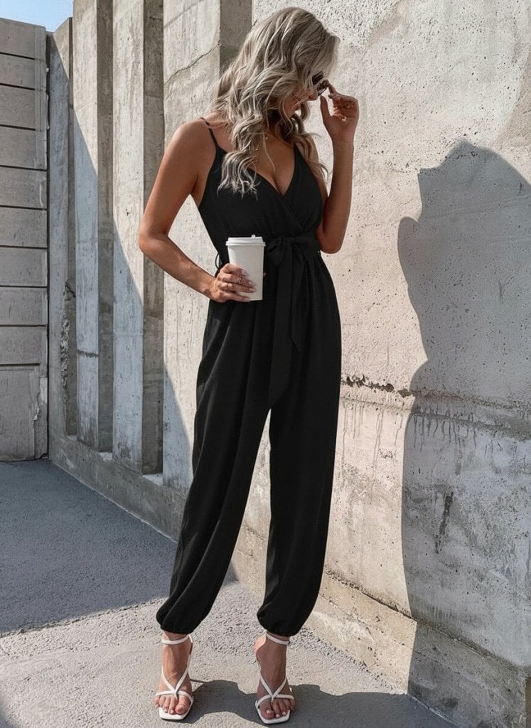 Women's Sleeveless Wrap Jumpsuit with Belt - Black - Janes - by Peralane - photo 3