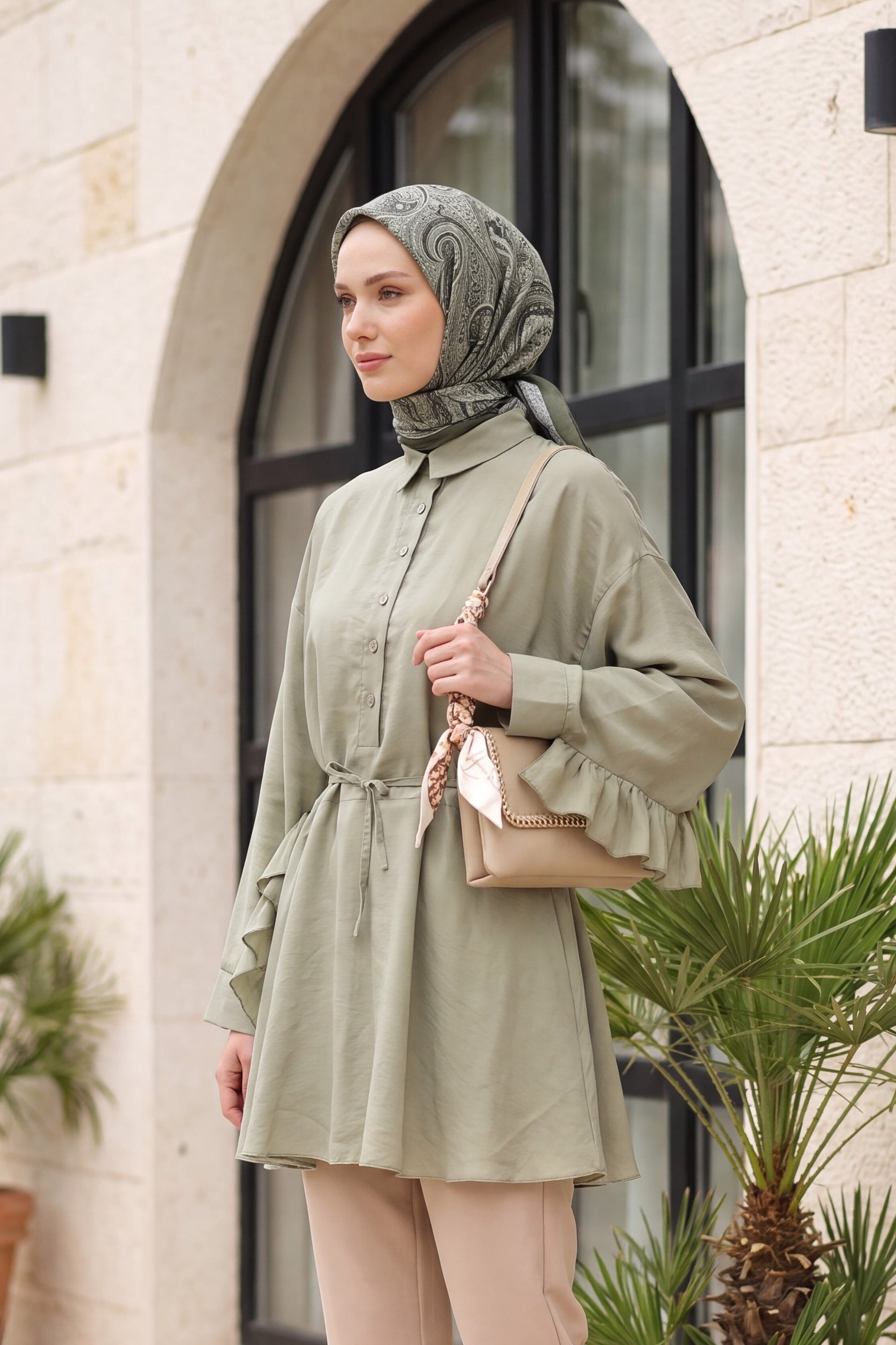 Buttoned Belted Batwing Sleeve Oversize Modal Tunic - Olive Green - Podyumplus - by Peralane - photo 5