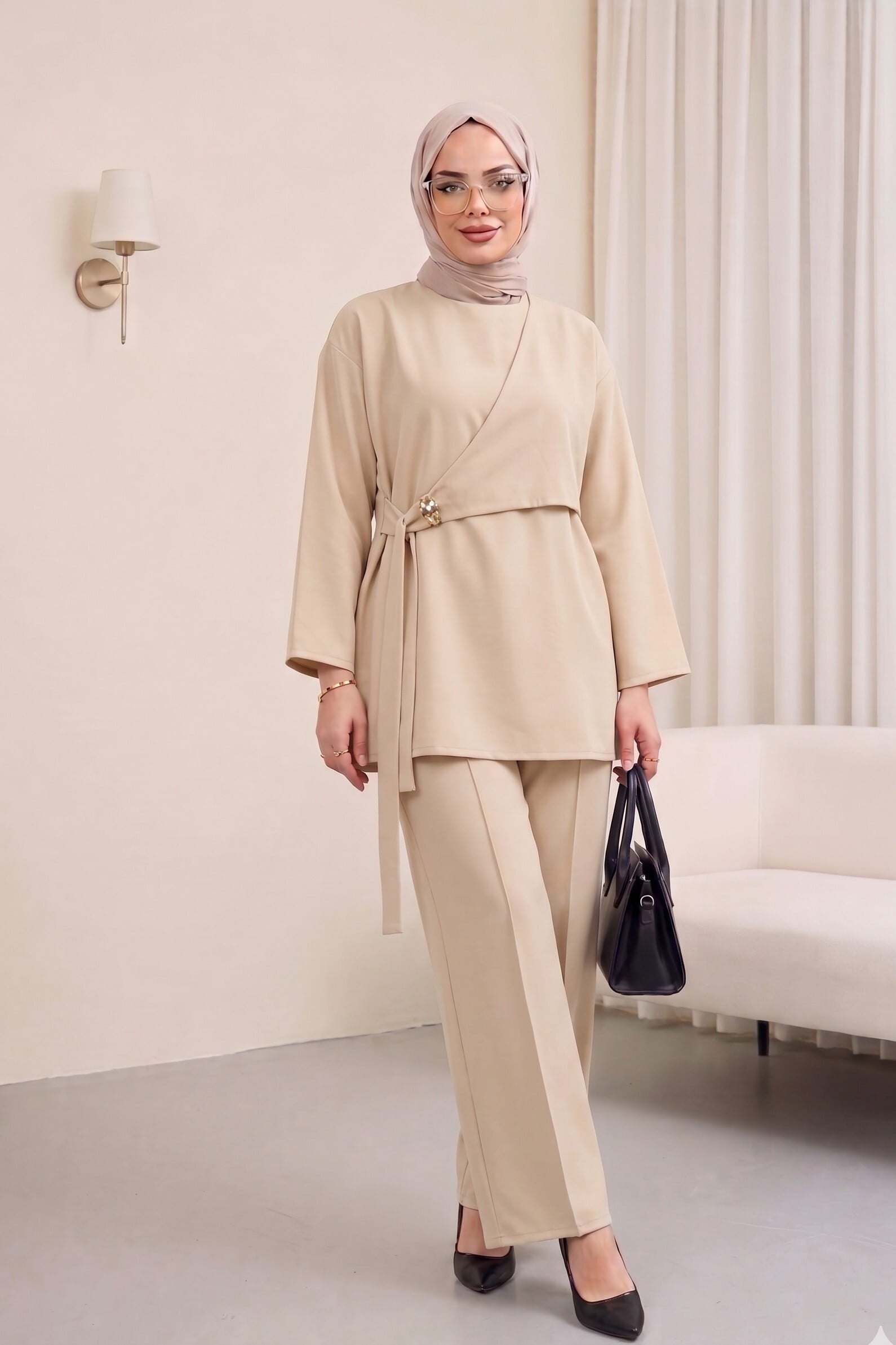 Beige Wrap Top and Straight-Leg Trousers Two-Piece Set - Podyumplus - by Peralane