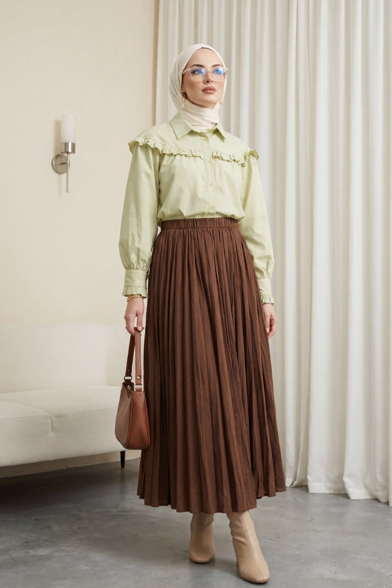 Brown Elasticated Waist Pleated Skirt for Women - Podyumplus - by Peralane - photo 3