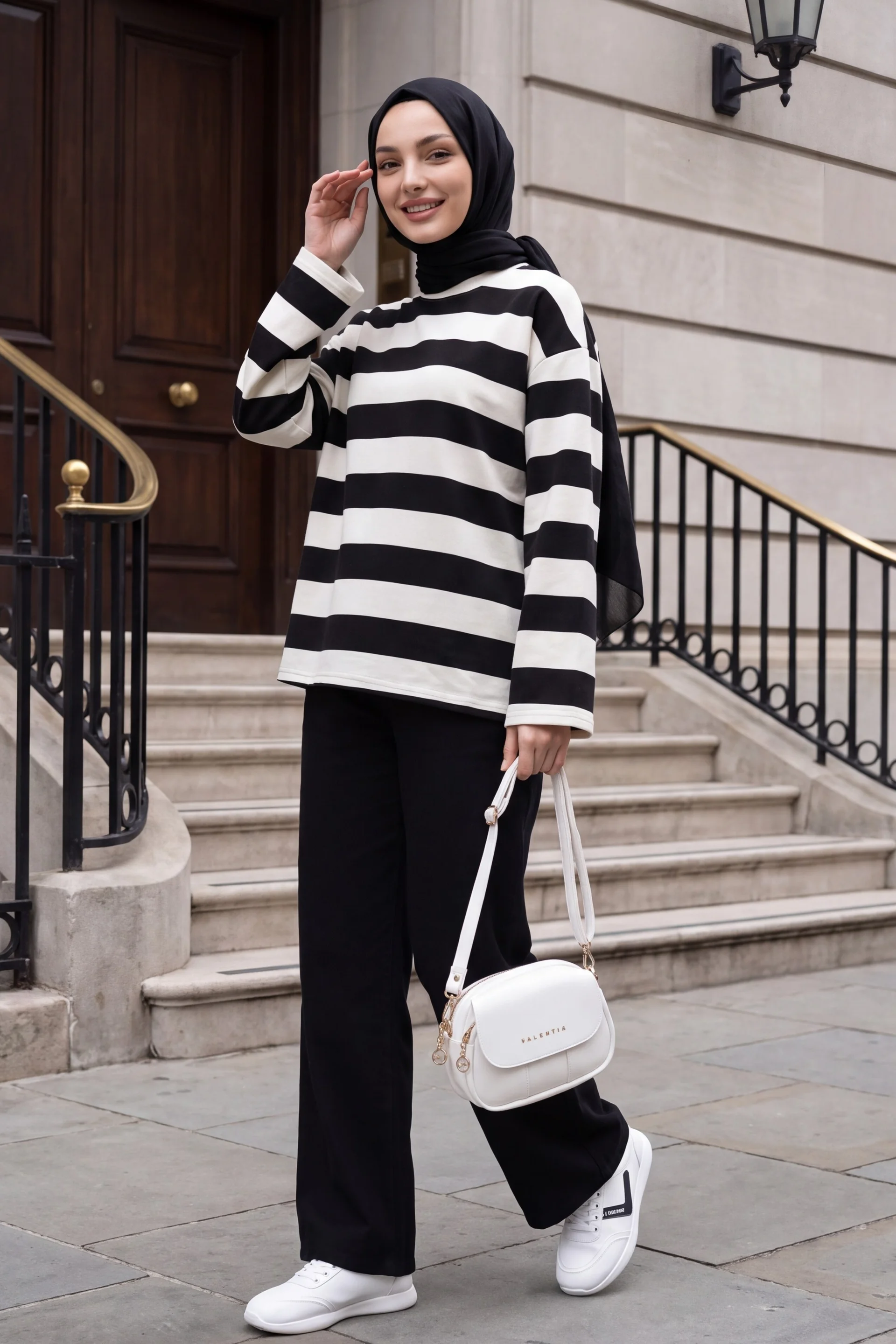 Black and White Striped Crew Neck Sweatshirt - Podyumplus - by Peralane - photo 3