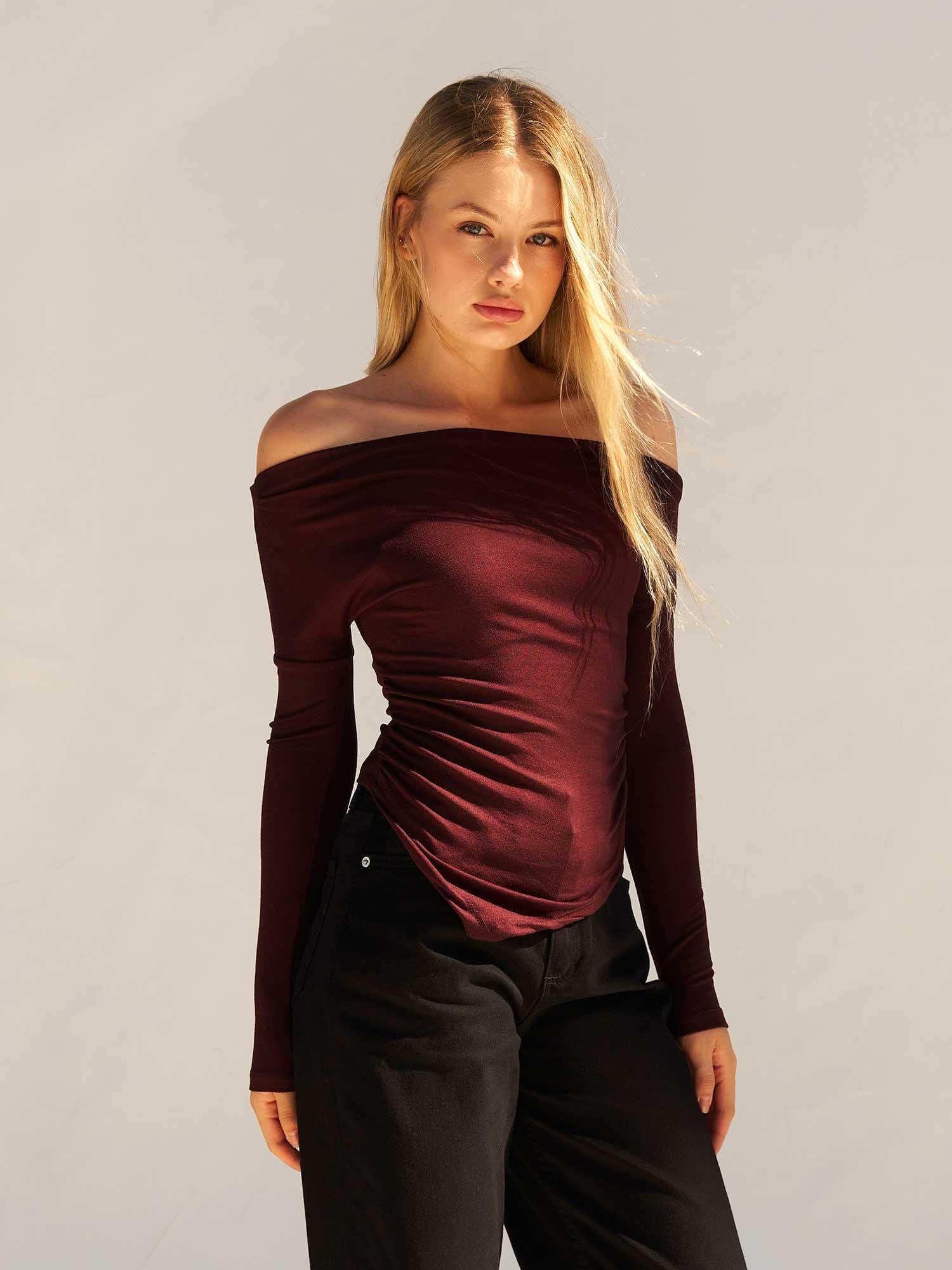 Burgundy Off-Shoulder Long Sleeve Knit Blouse - Lefon - by Peralane