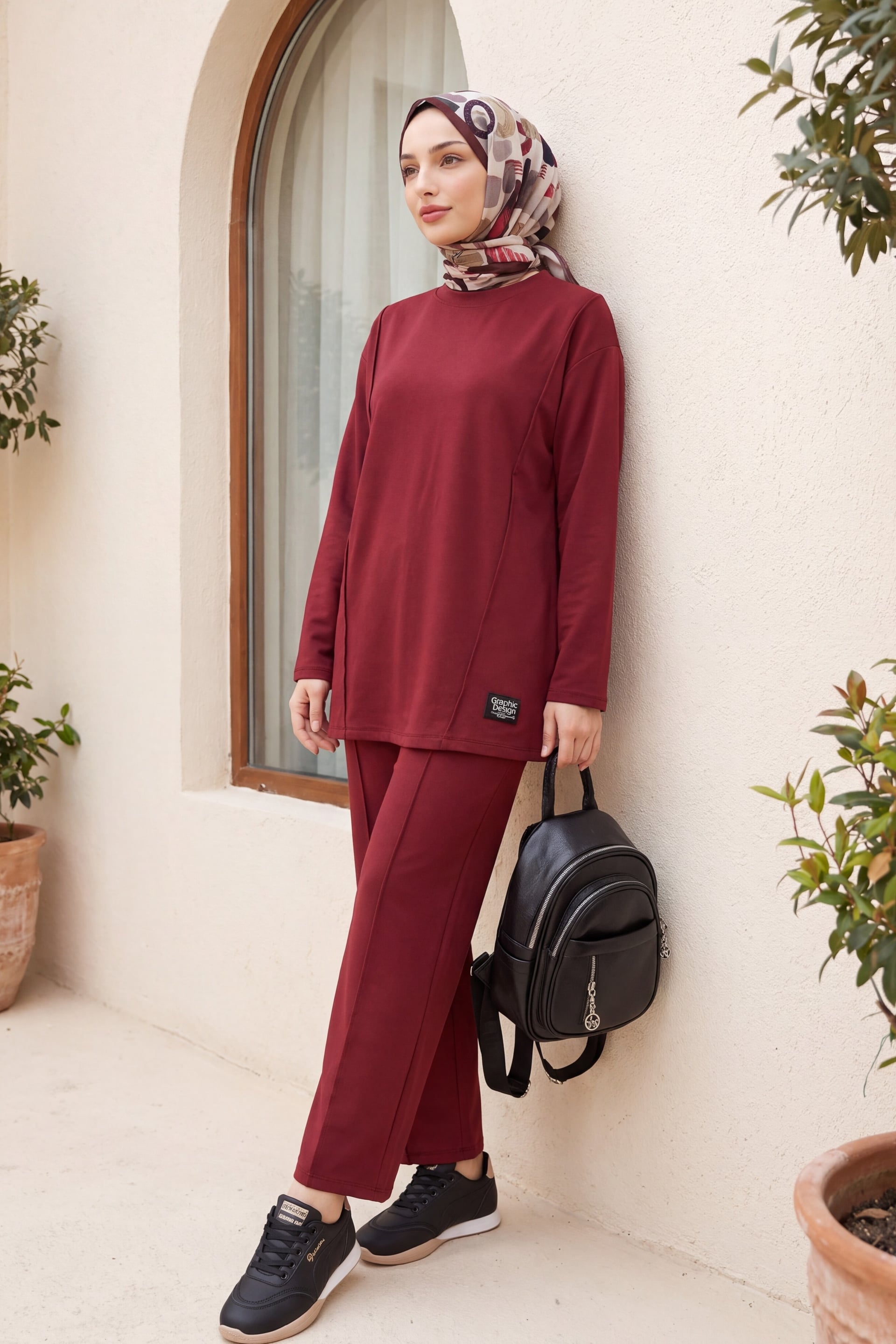 Crew Neck Cotton Jersey Set with Detailed Lettering and Elasticated Waistband - Burgundy - Podyumplus - by Peralane - photo 3