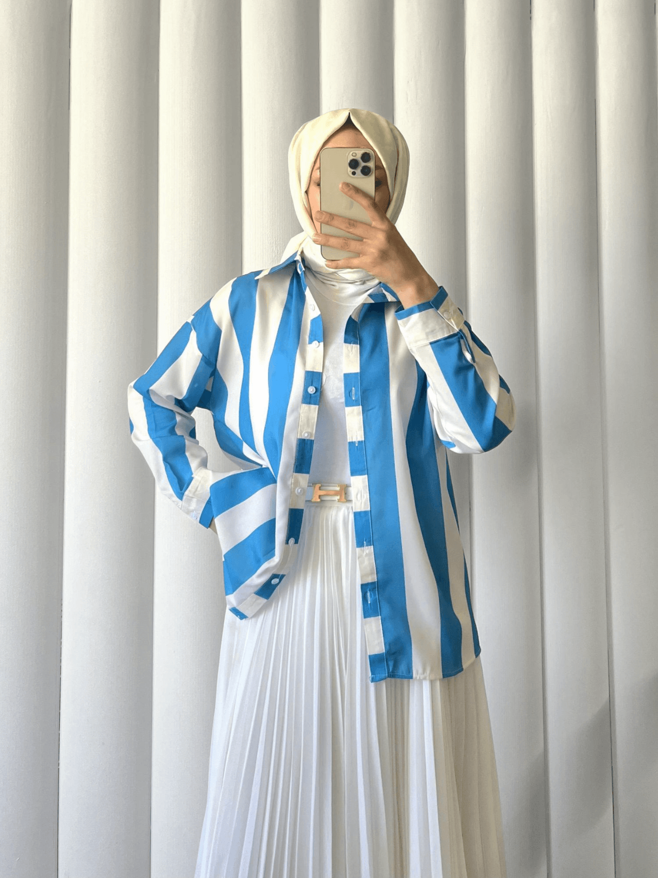 Blue and White Striped Button-Down Shirt - Podyumplus - by Peralane - photo 3